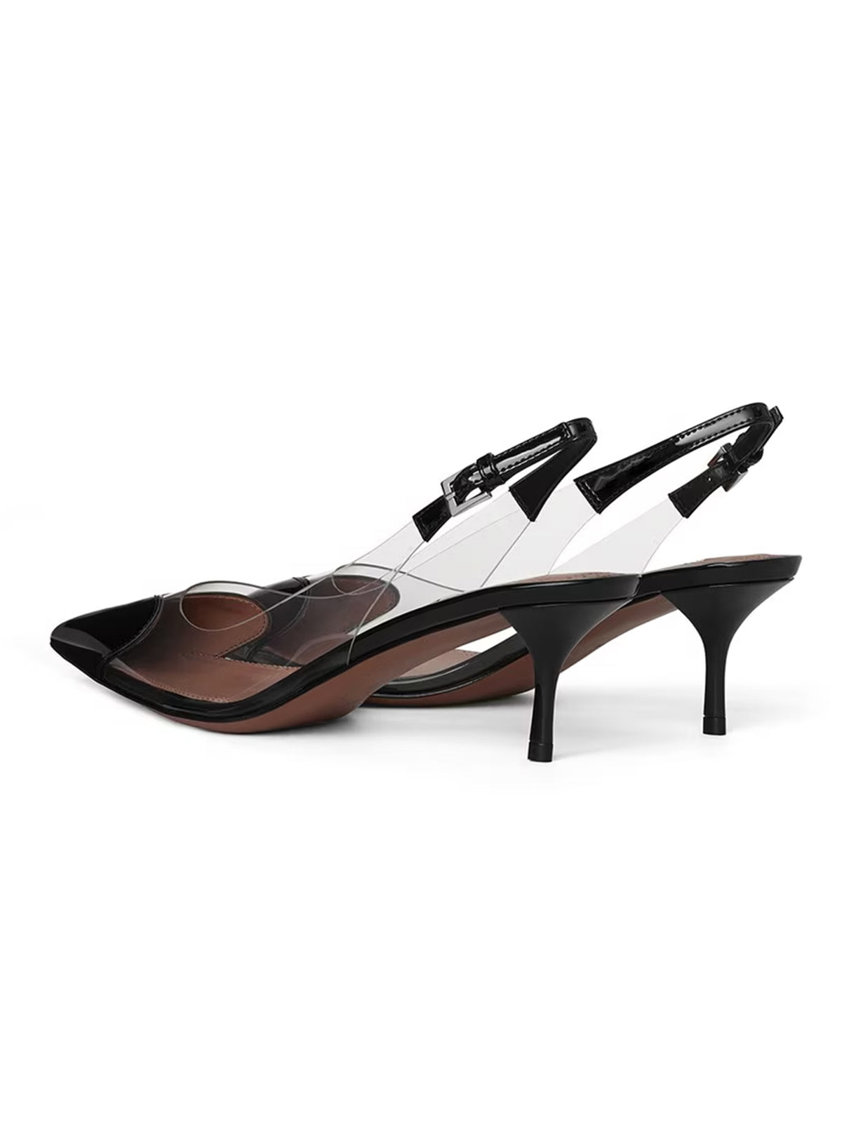 Patent Black And TPU Transparent Film Pointed-Toe Slip-On Kitten Heels