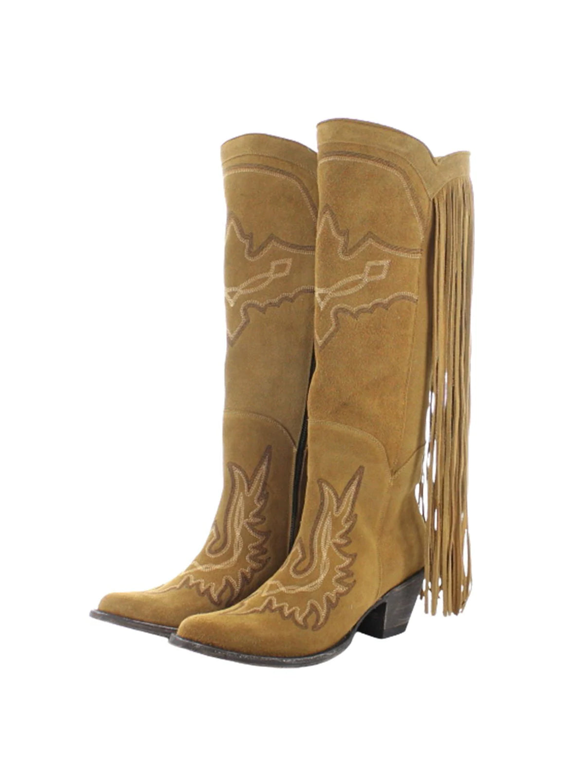 Almond-Toe Faux Suede Fringe Full-Zip Embroidery Knee High Cowgirl Boots - Tan