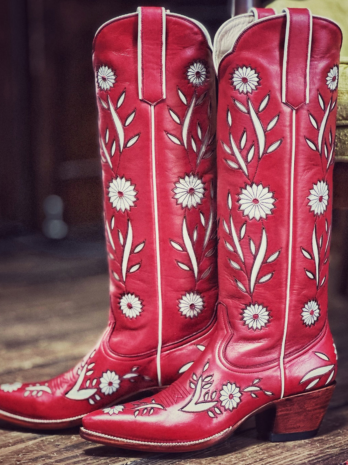 Red Pointed-Toe White Sunflower Inlay Wide Calf Knee High Cowgirl Boots