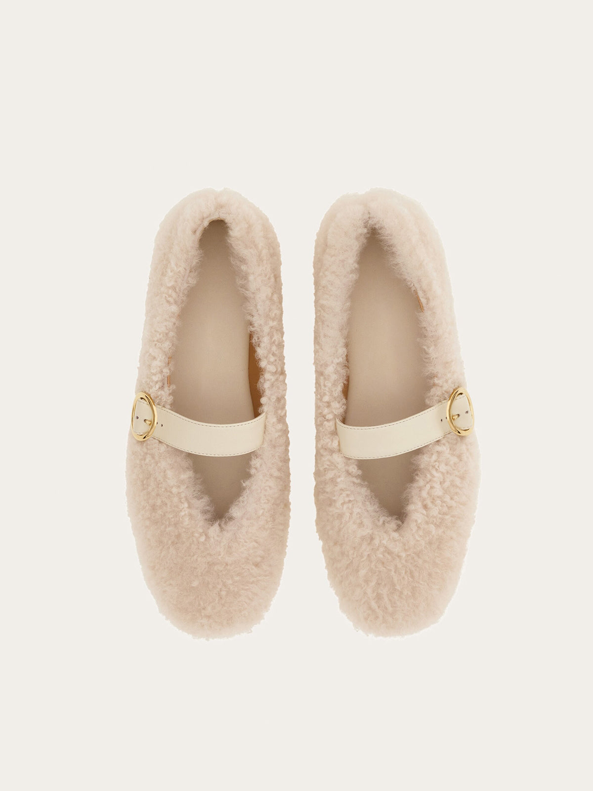 Cream Plush Square-Toe Vegan Leather Bridge Strap Ballet Flats