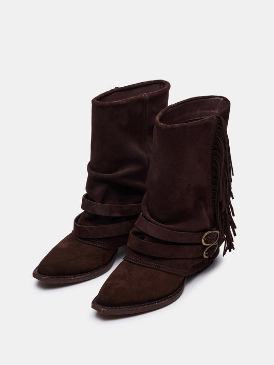 Brown Faux Suede Pointed-Toe Fold-Over Fringe Cowgirl Ankle Boots
