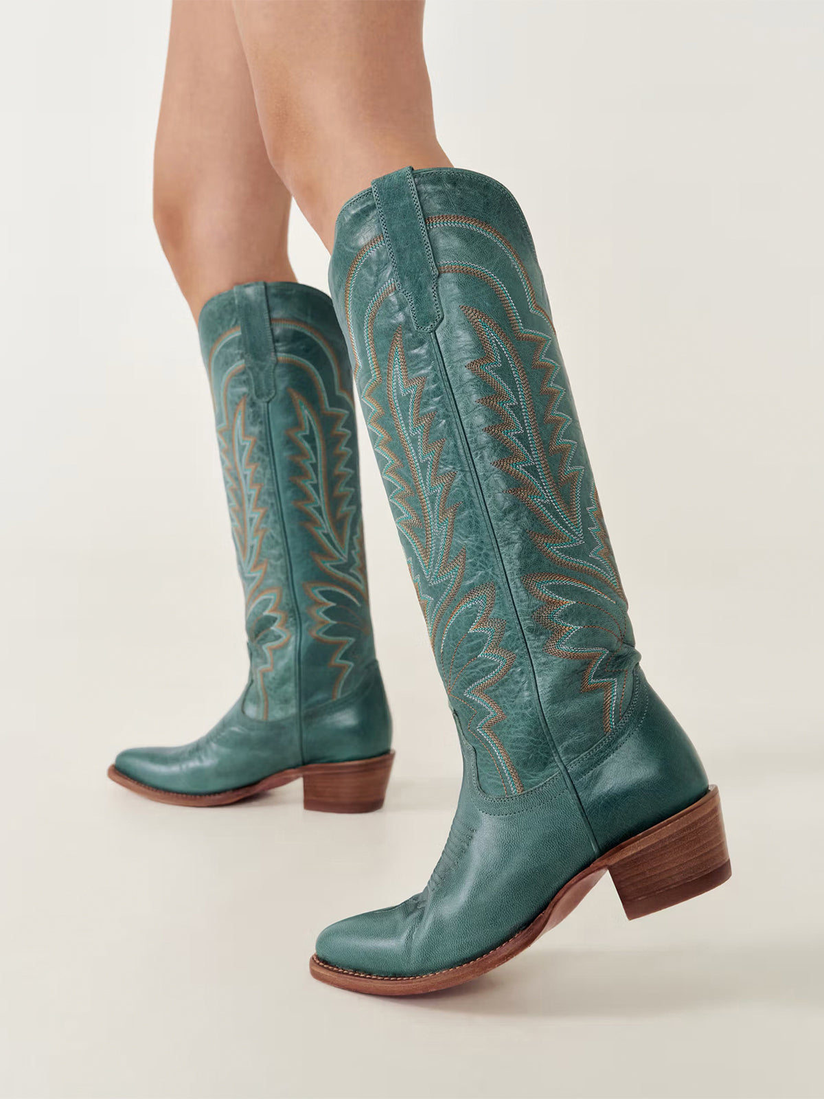 Western Embroidery Almond-Toe Tall Knee High Cowgirl Boots - Green