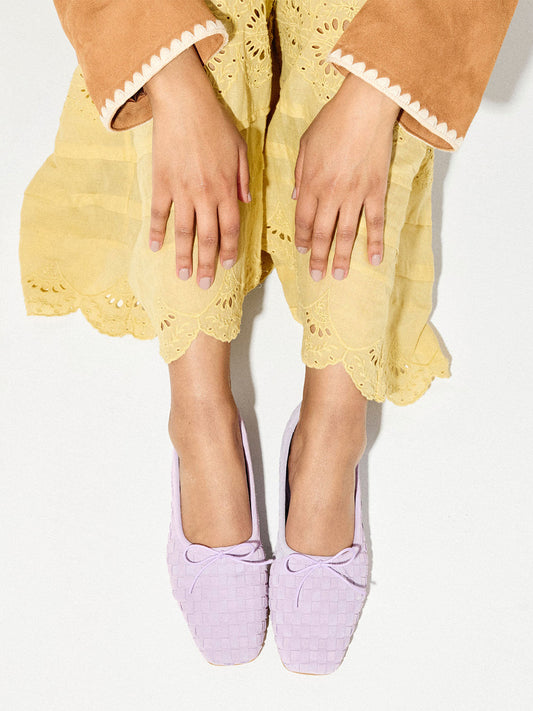 Lavender Woven Faux Suede Square-Toe Front Bow Ballet Flats