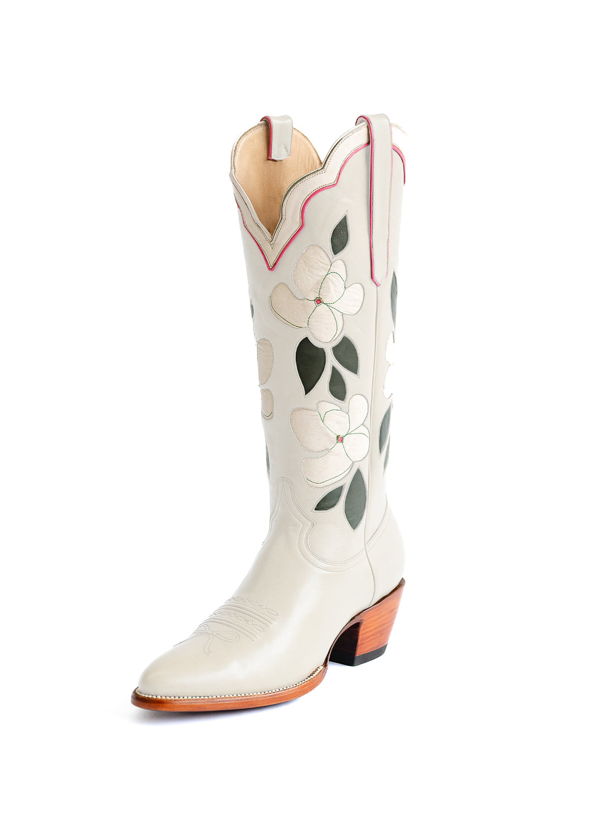 White Almond-Toe White Flower Inlay Wide Calf Knee High Cowgirl Boots