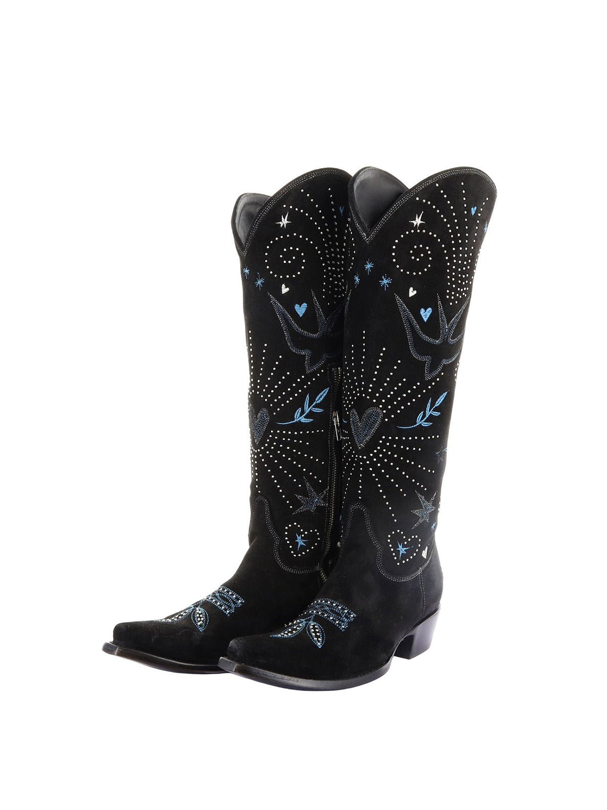Black Faux Suede Snip-Toe Cosmic Embroidery Little Rhinestones Half-Zip Knee High Cowgirl Boots