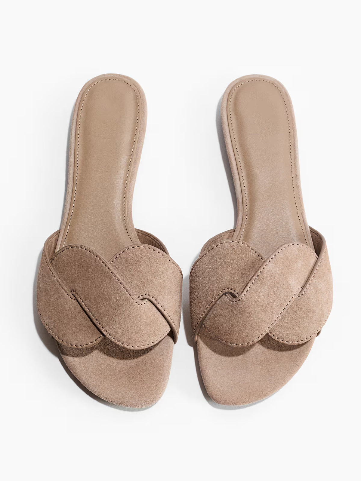 Sand Faux Suede Square-Toe Braided Strap Flats Sandals