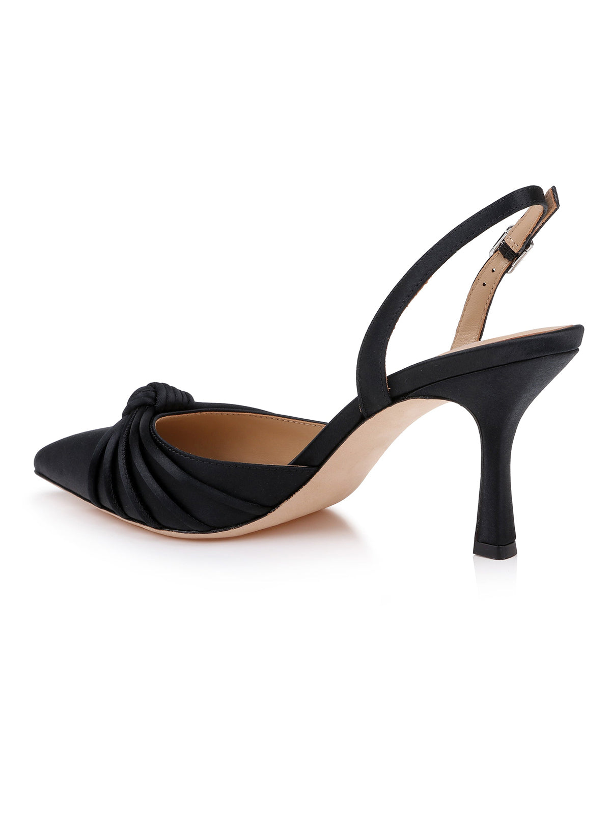 Black Satin Pointed-Toe Front Knot And Slingback High Heels