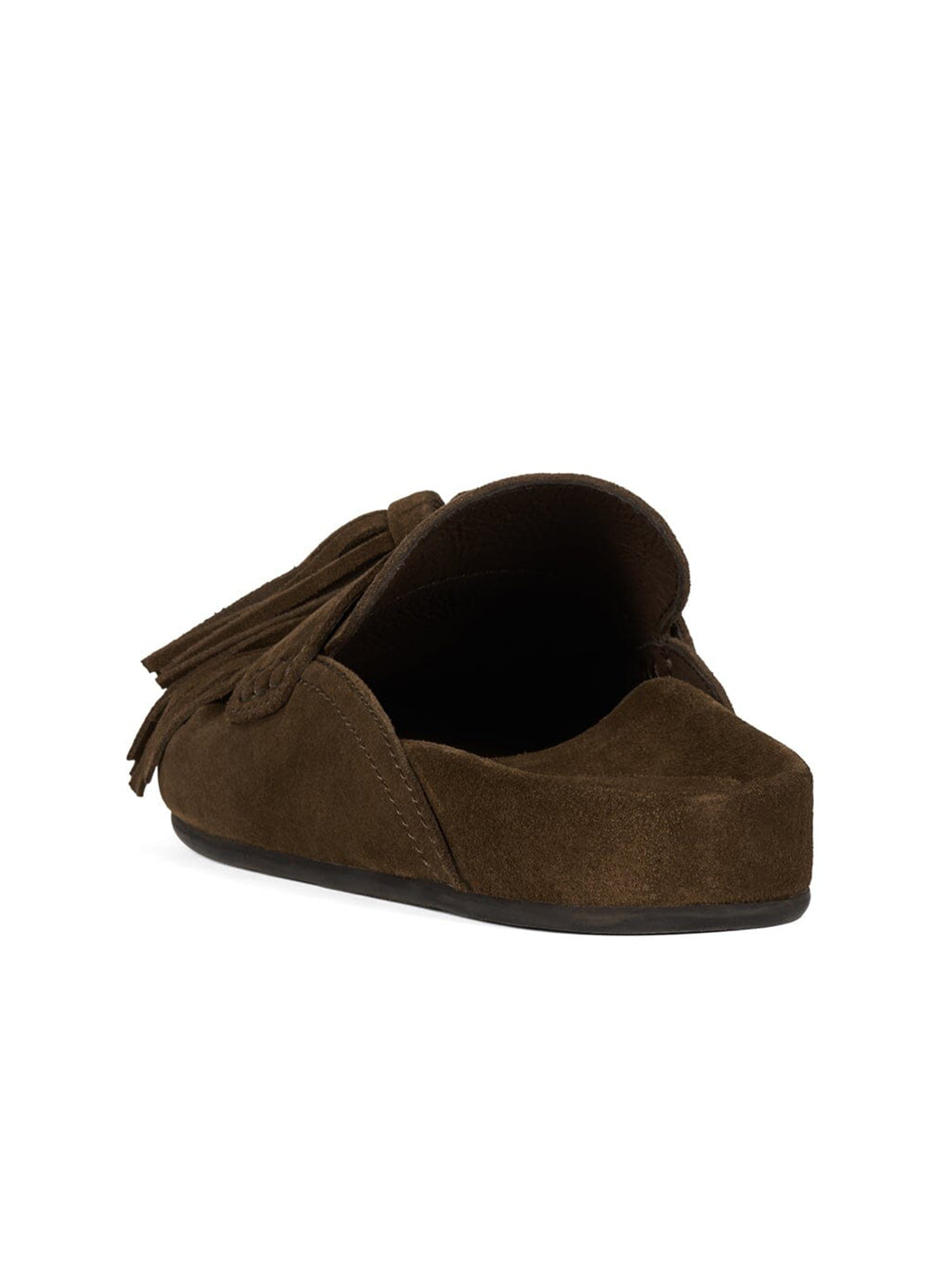 Khaki Faux Suede Round-Toe Front Fringe Backless Slip-On Flats