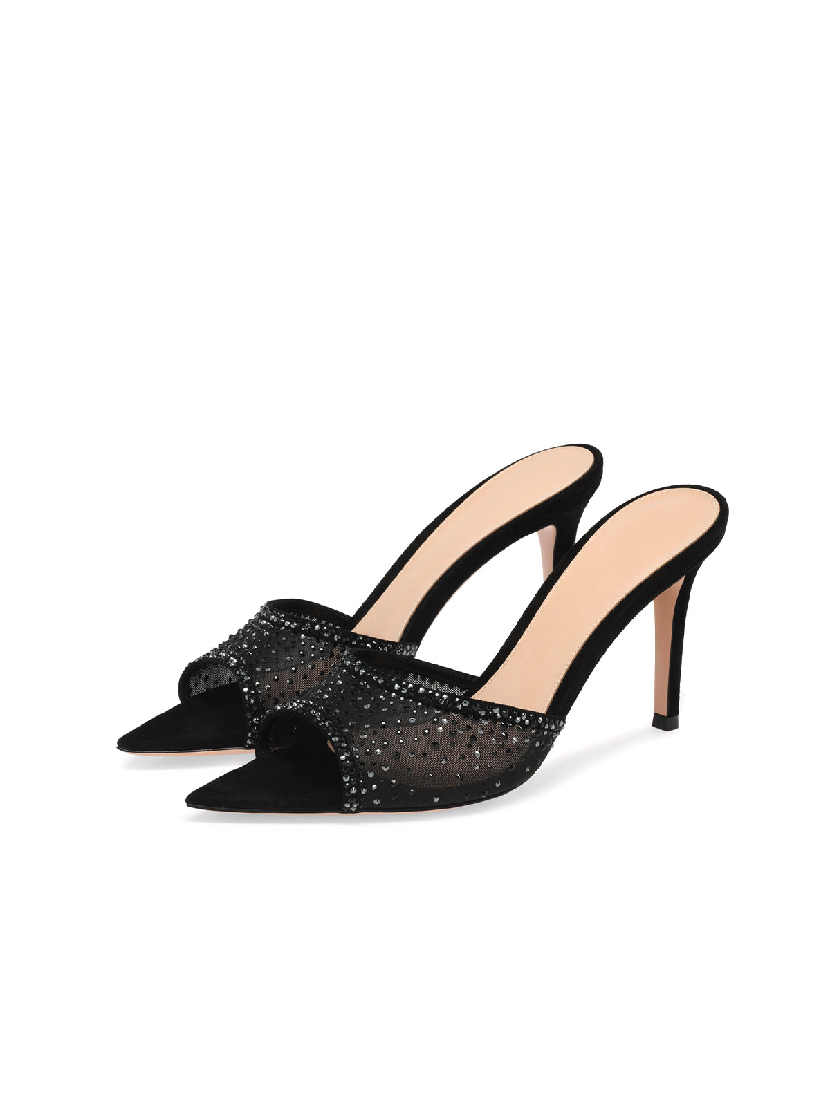 Rhinestones Mesh Open Pointed-Toe Backless Slip-On High Heels – Black