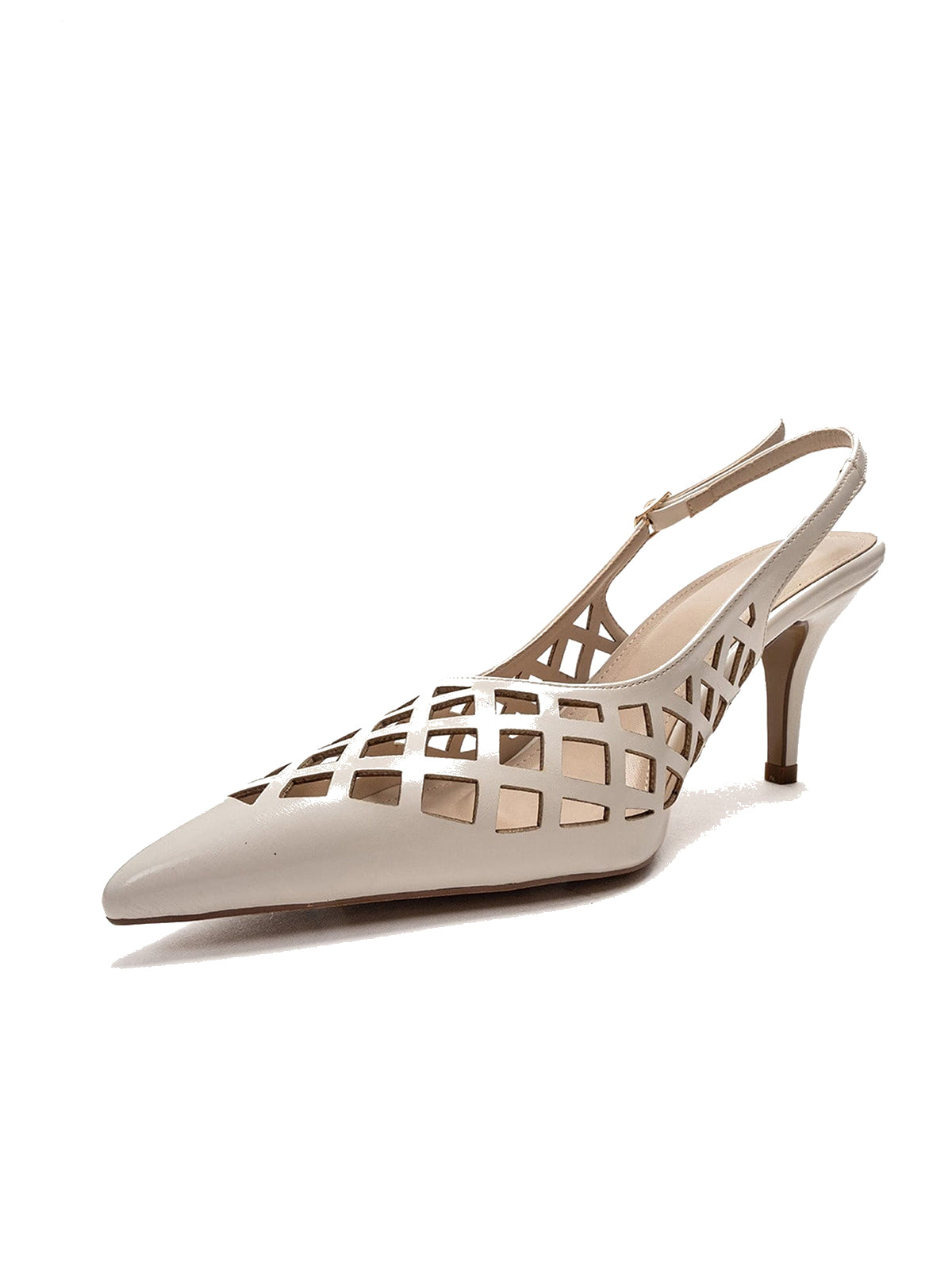 Beige Pointed-Toe Cutout Chic Buckle Back Strap Kitten Heels