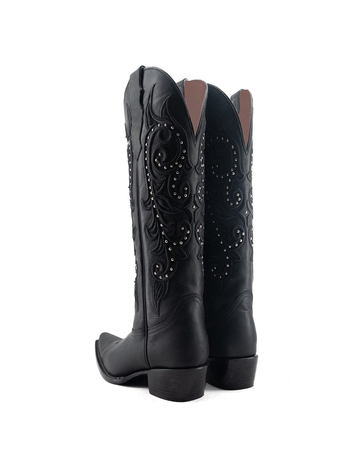 Snip-Toe Embroidery And Studs Half-Zip Knee High Cowgirl Boots For Woman - Black
