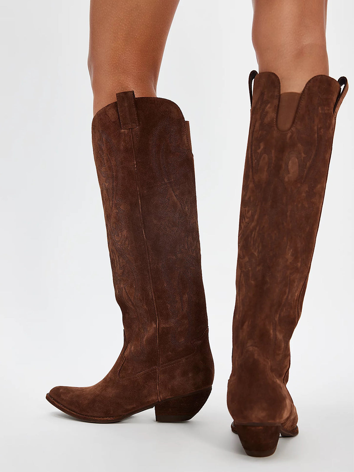 Brown Faux Suede Pointed-Toe Embroidery Wide Calf Knee High Cowgirl Boots For Women