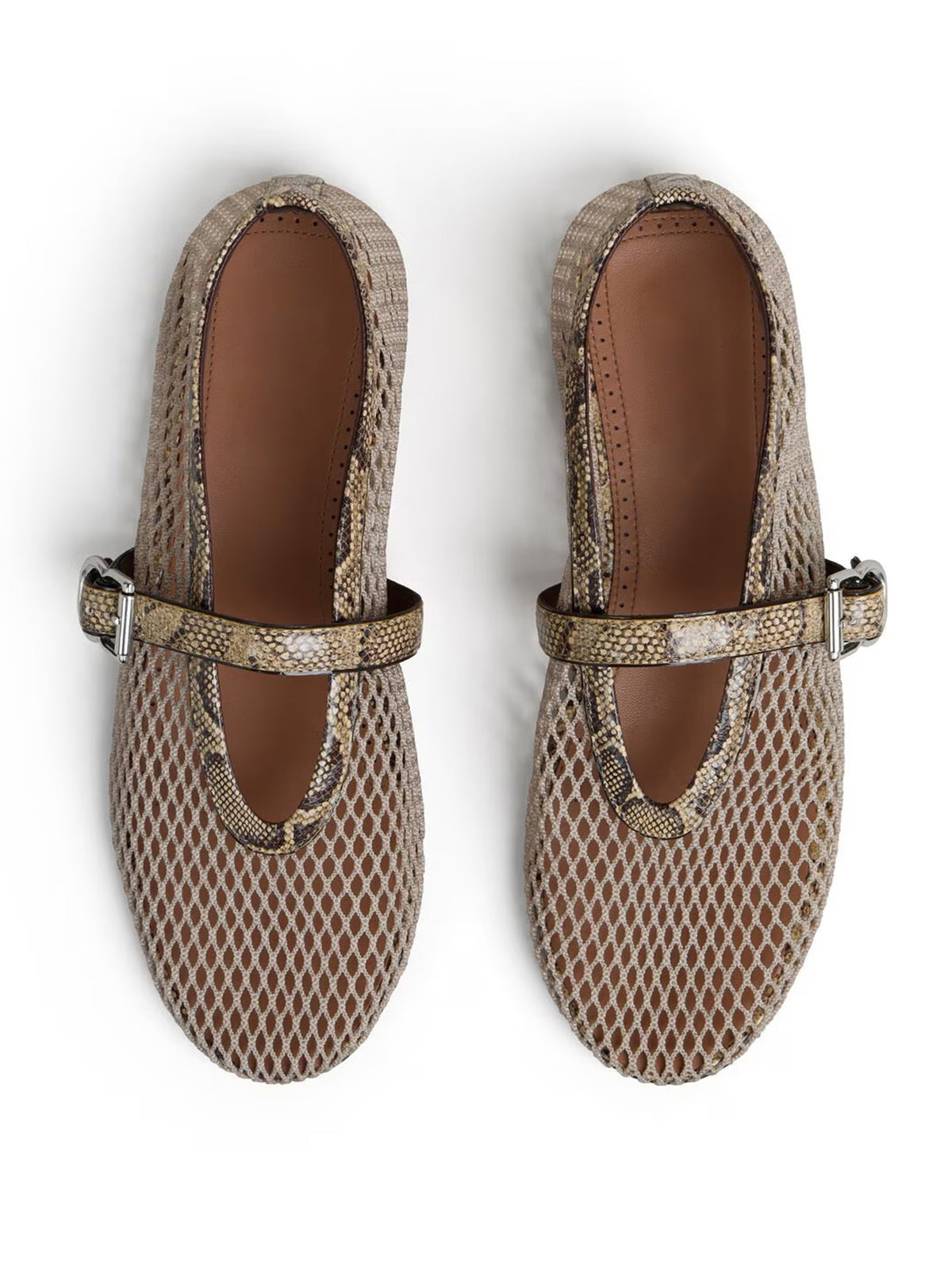Honey Mesh And Snakeskin Pattern Square-Toe Mary Jane Ballet Flats