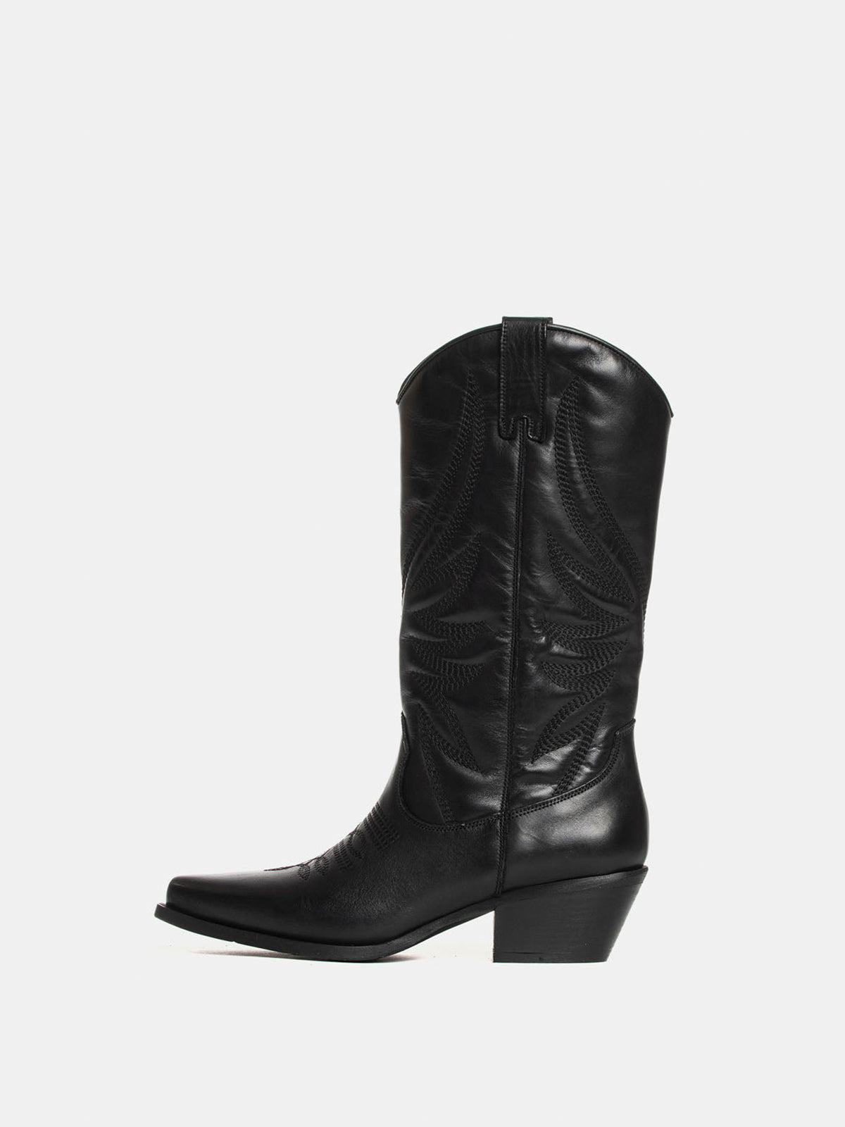 Black Snip-Toe Classic Embroidery Half-Zip Mid Calf Cowgirl Boots For Women