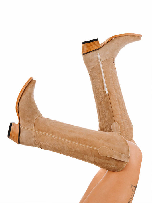 Sand Faux Suede Snip-Toe Embroidery Half-Zip Classic Knee High Cowgirl Boots