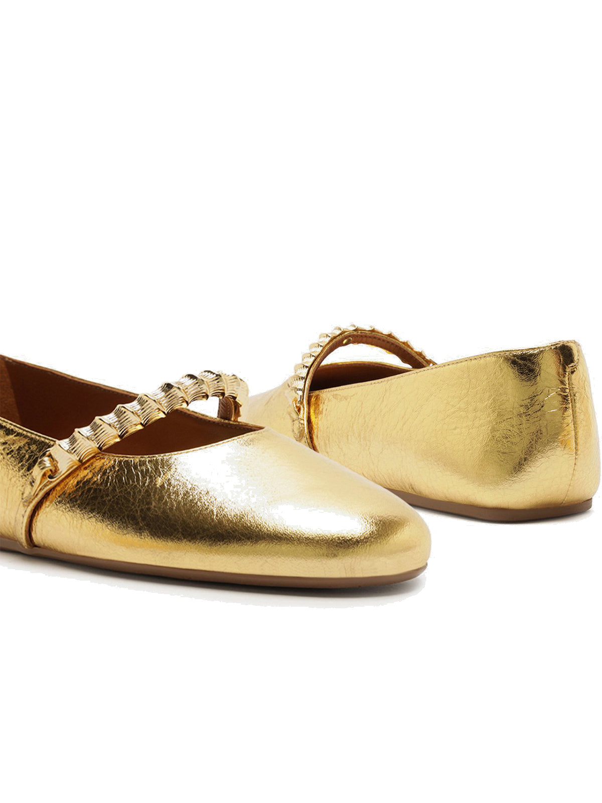 Metallic Gold Round-Toe Metal Bridge Strap Chic Flats