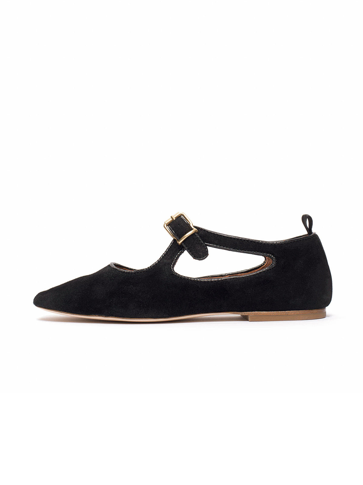 Square-Toe Buckle Strap Chic Flats - Black Faux Suede