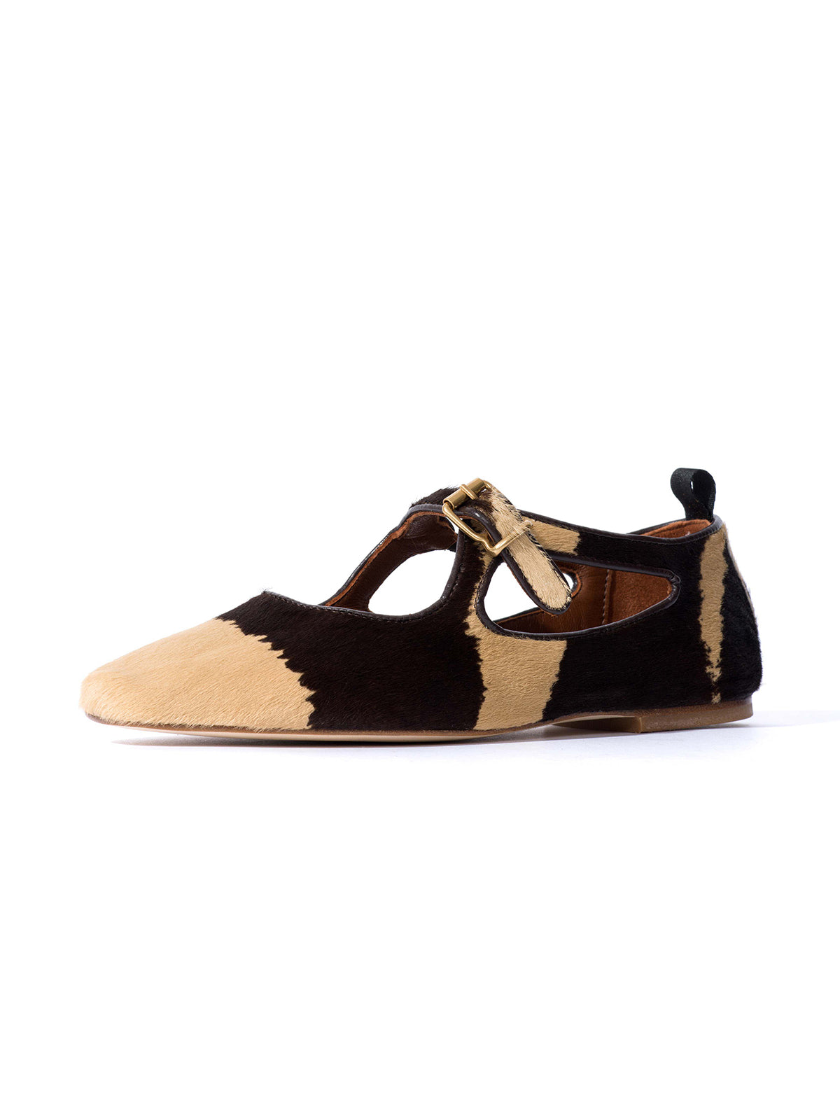 Square-Toe Buckle Strap Chic Flats - Zebra Pony Hair Vegan Leather