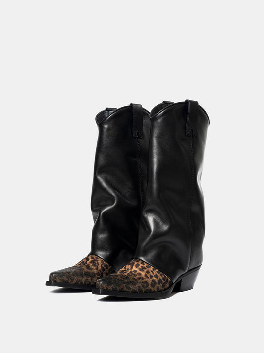 Contrast Black And Leopard Faux Suede Snip-Toe Simple Mid Calf Cowgirl Boots
