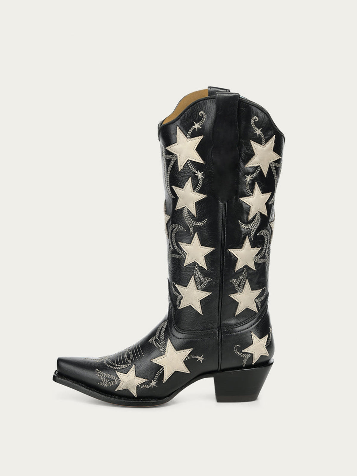 Black Snip-Toe Chic Stars Inlay With Embroidery Mid Calf Cowgirl Boots