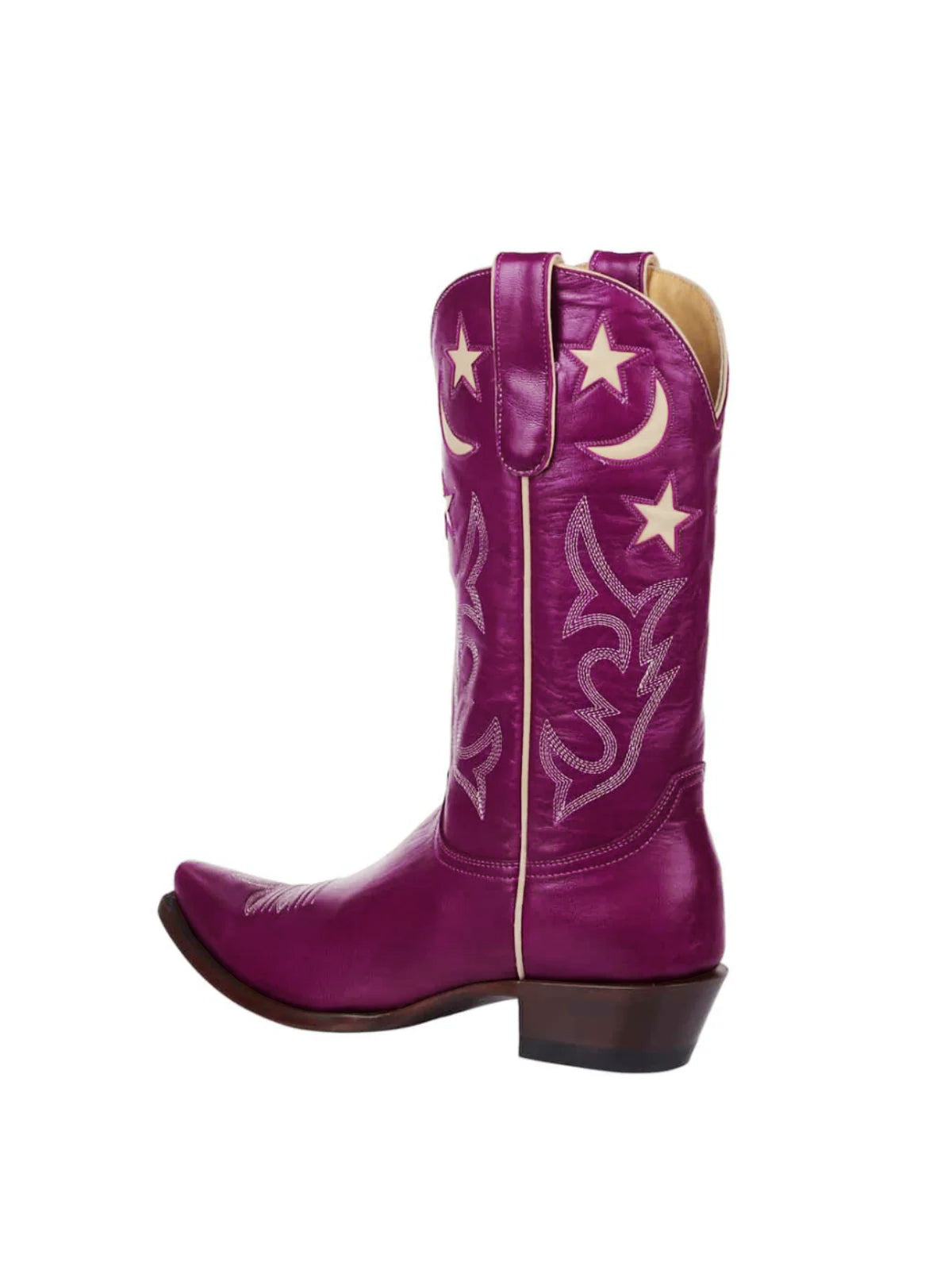 Fuchsia Snip-Toe Moon And Star Inlay Embroidery Mid Calf Cowgirl Boots