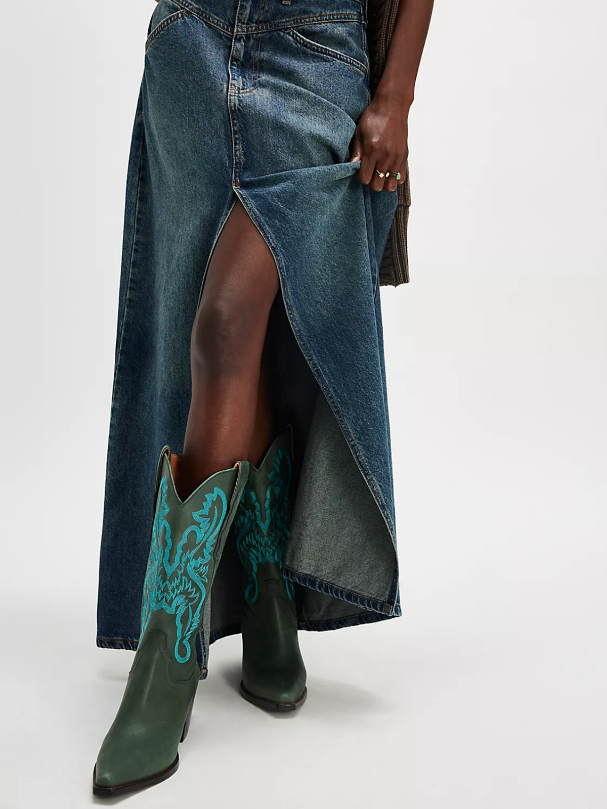 Dark Green Snip-Toe Turquoise Embroidery Wide Mid Calf Tall Cowgirl Boots