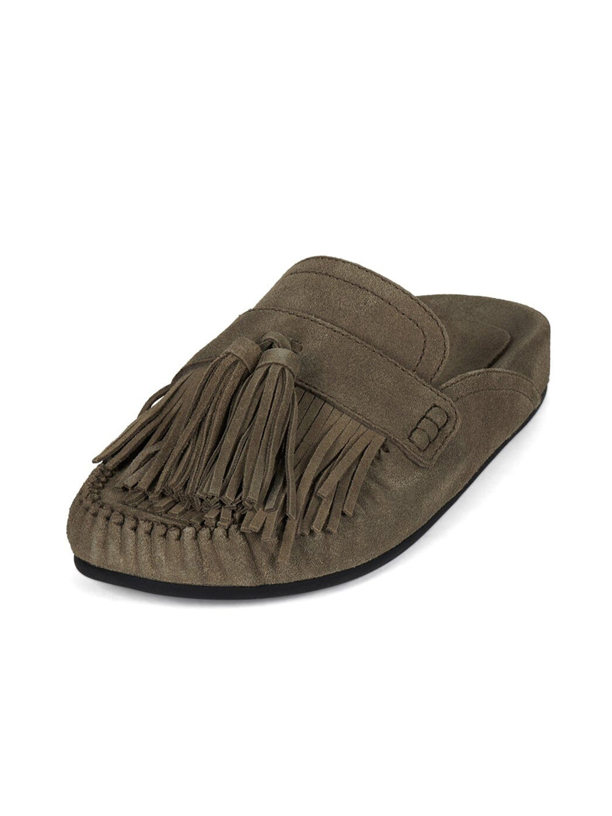 Light Khaki Faux Suede Round-Toe Front Fringe Backless Slip-On Flats