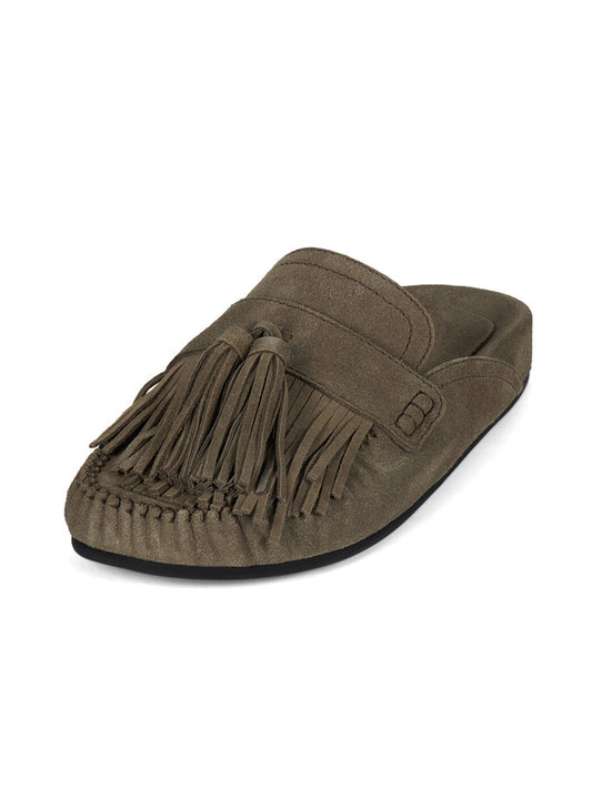 Light Khaki Faux Suede Round-Toe Front Fringe Backless Slip-On Flats