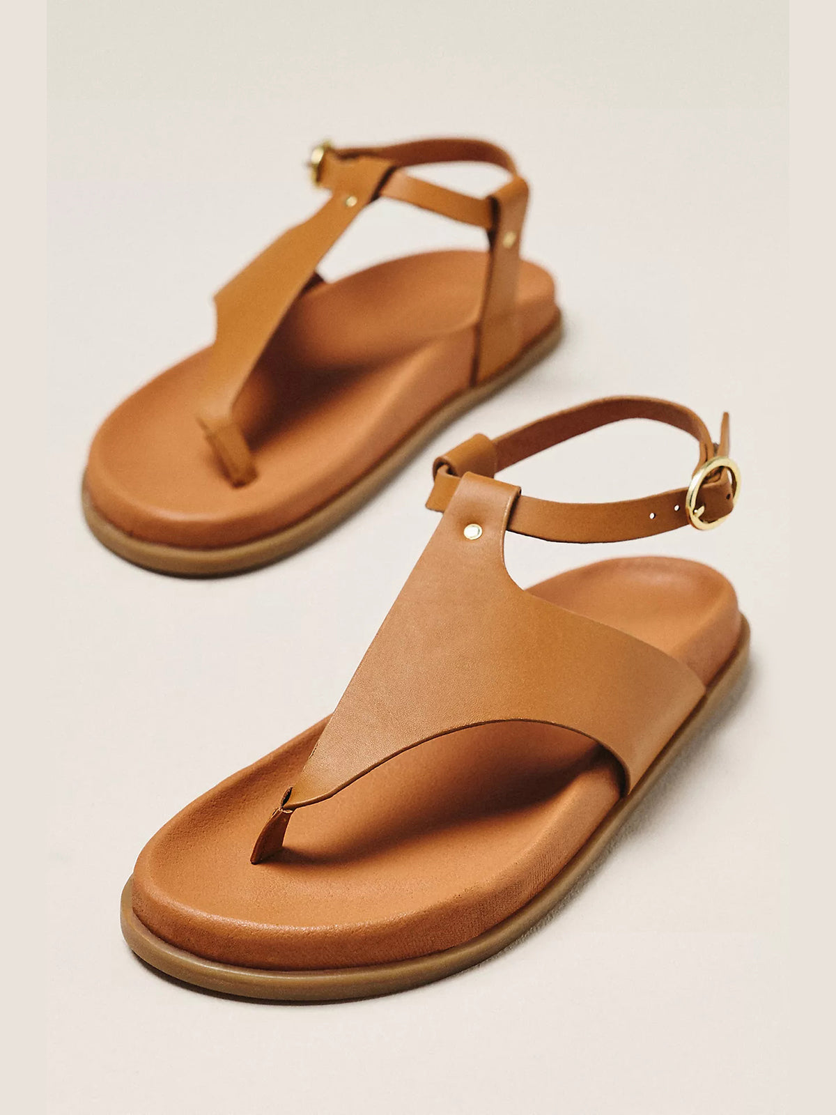 Tan Round-Toe T-Strap And Ankle Strap Flats Sandals