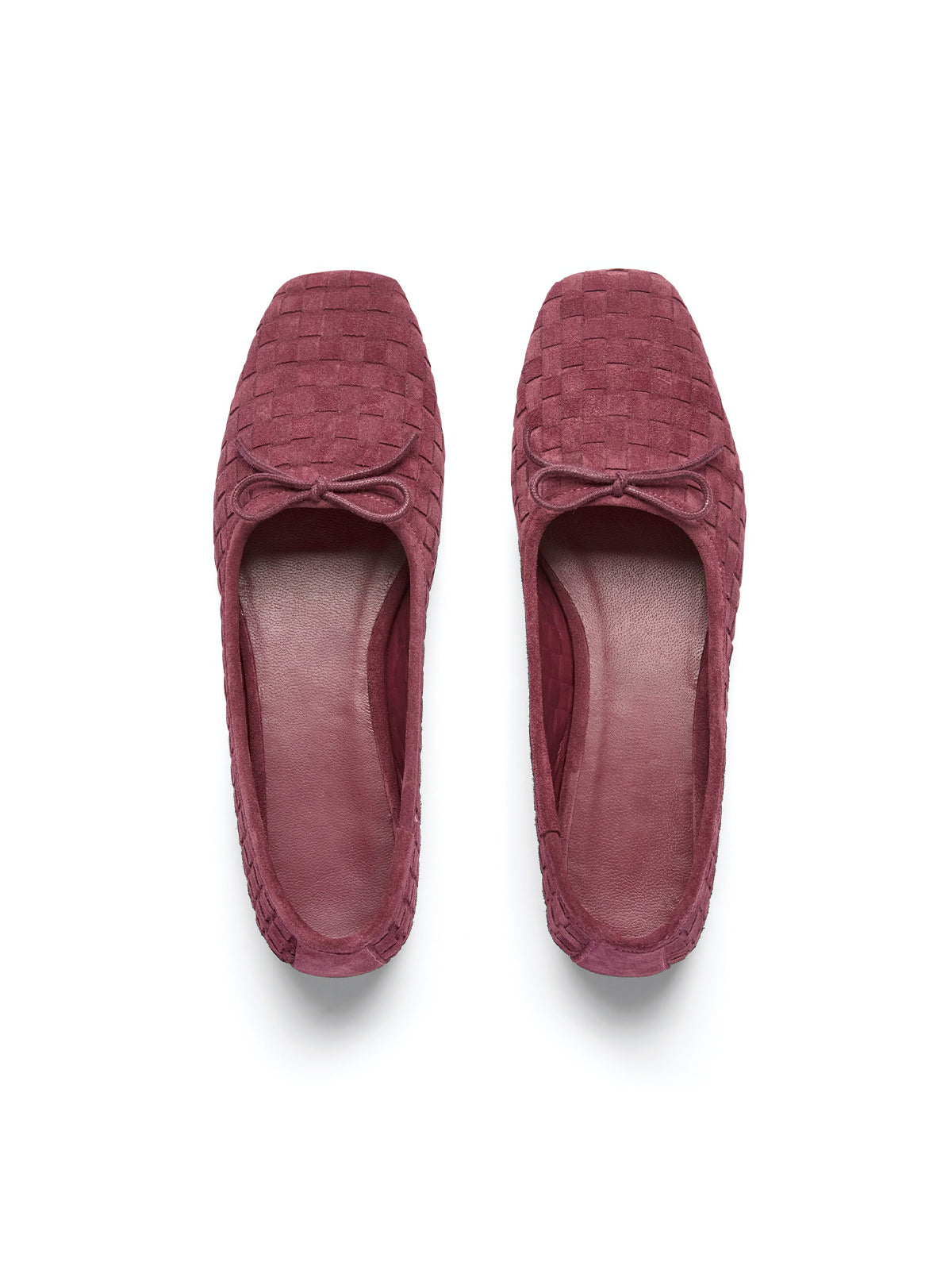 Wine Red Faux Suede Woven Square-Toe Front Bow Ballet Flats