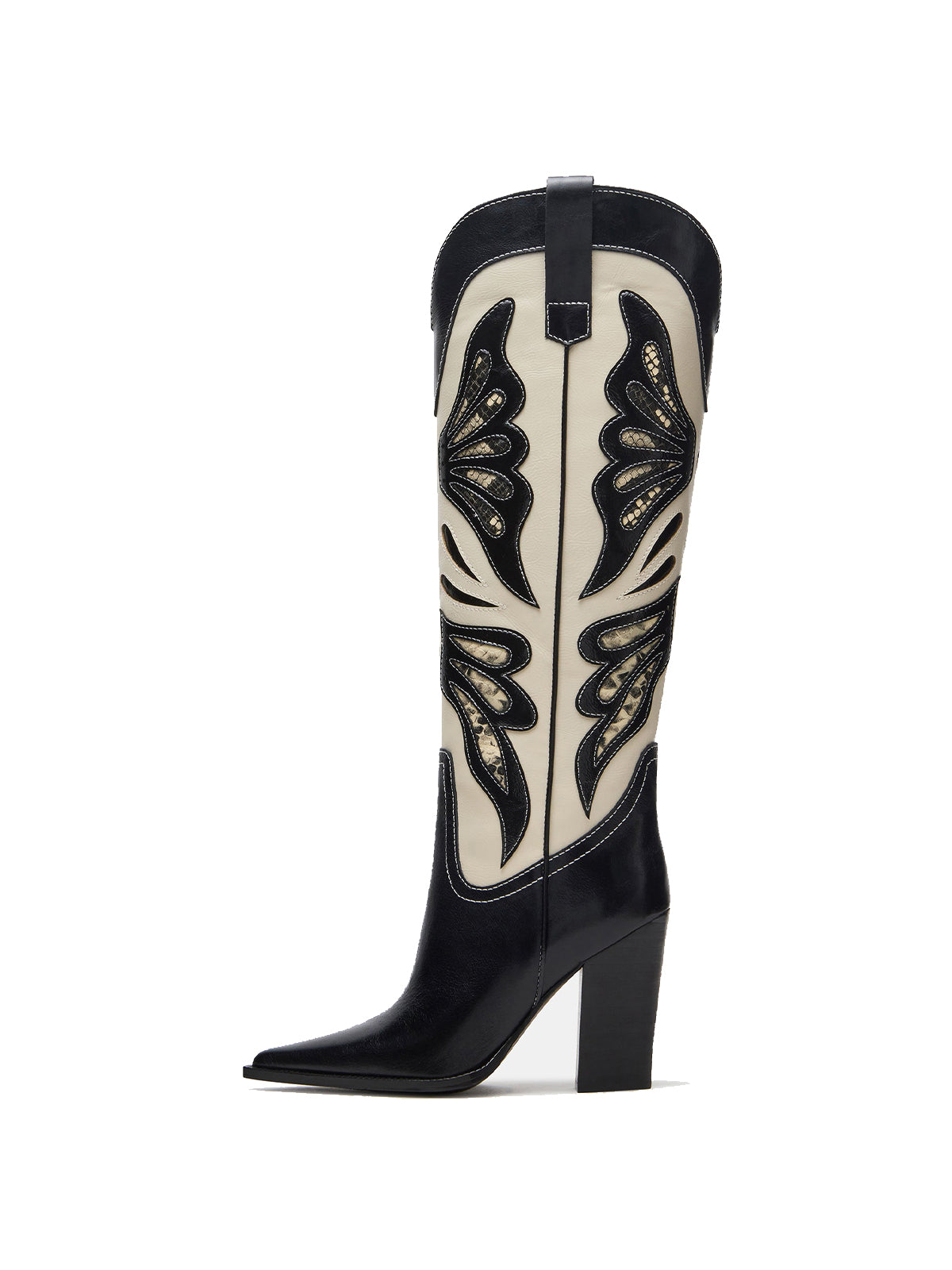 Contrast Black And Bone Pointed-Toe Snakeskin Wings Applique Knee High Cowgirl Boots