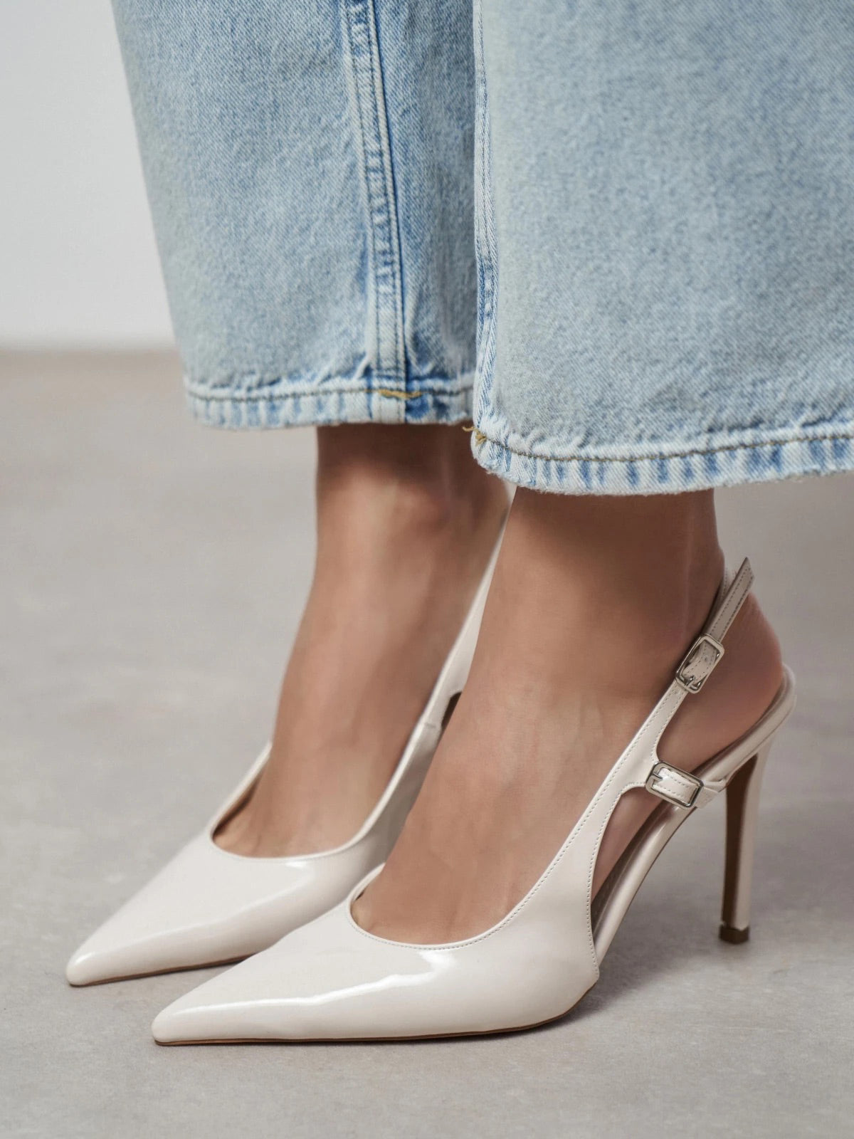 Patent Leather Pointed-Toe Buckle Back Strap Chic High Heels - Ivory