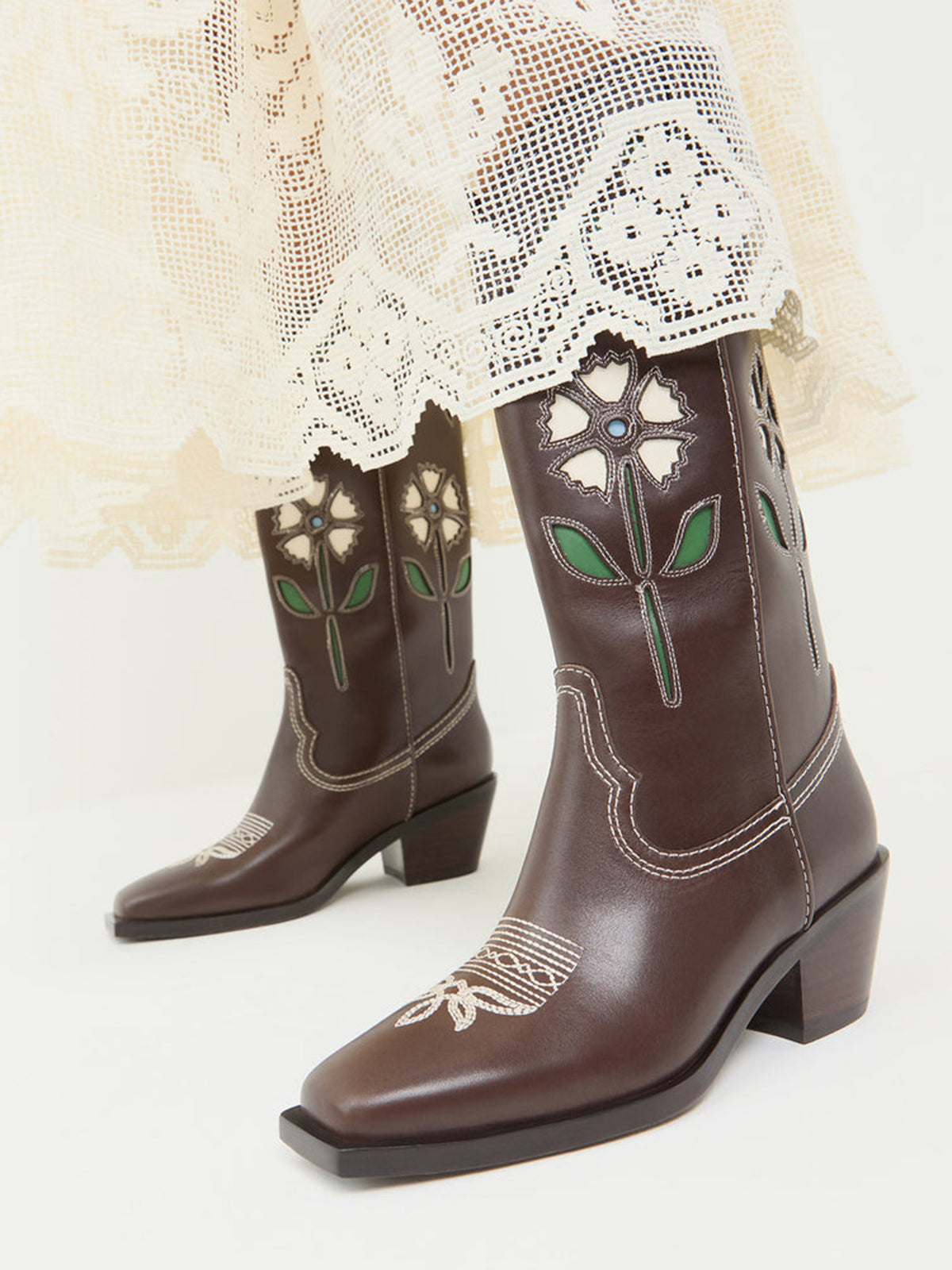 Coffee Square-Toe White Flowers Inlay Chic Mid Calf Cowgirl Boots