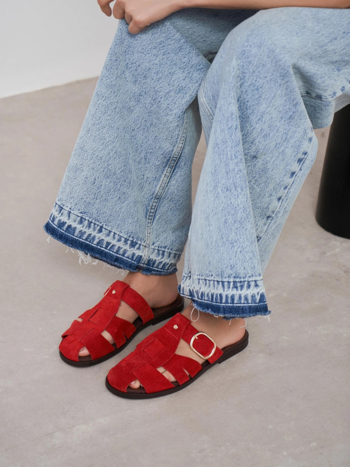 Red Cow Suede Round-Toe Caged Detail Backless Flats