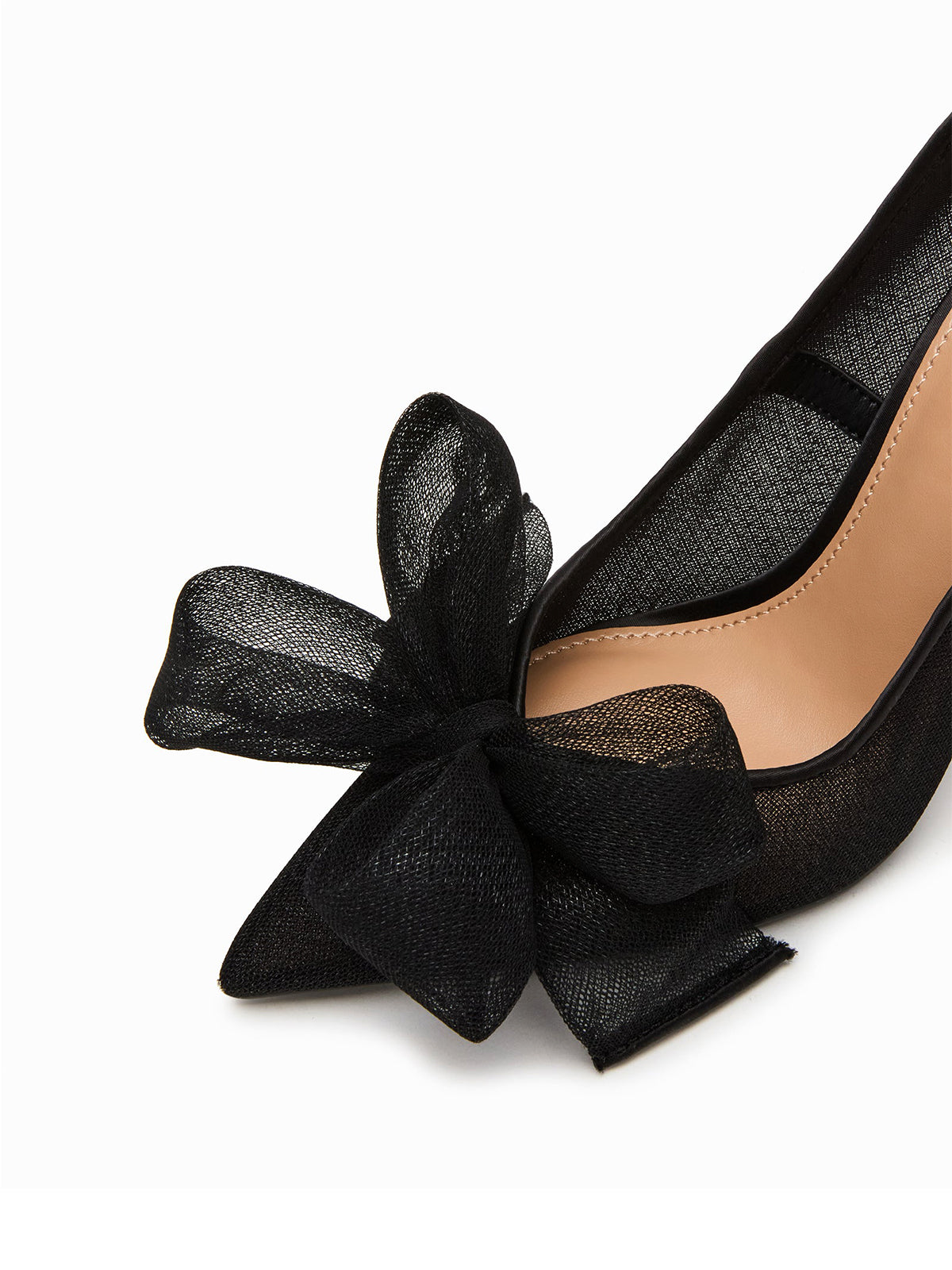 Black Satin Mesh Pointed-Toe Big Front Bow Classic High Heels