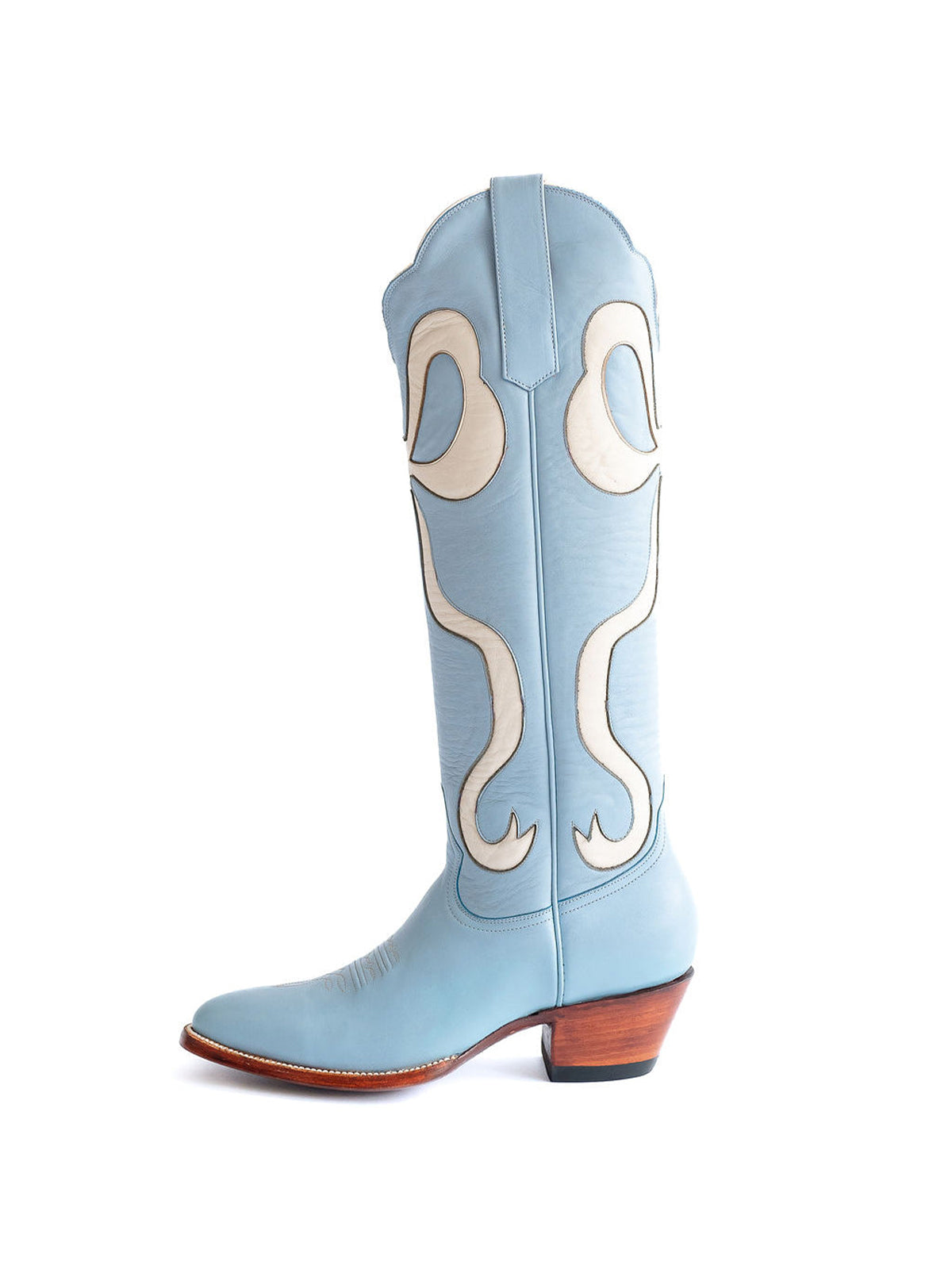 Blue Almond-Toe Wide Calf Western Boots Knee High Tall Boots With White Bowknot Inlay