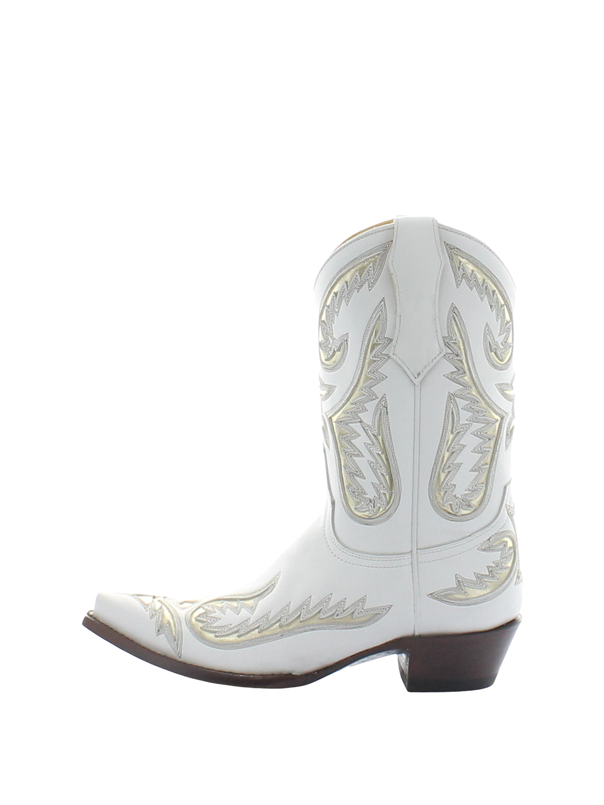 White Snip-Toe Embroidery Metallic Gold Inlay Mid Calf Cowgirl Boots