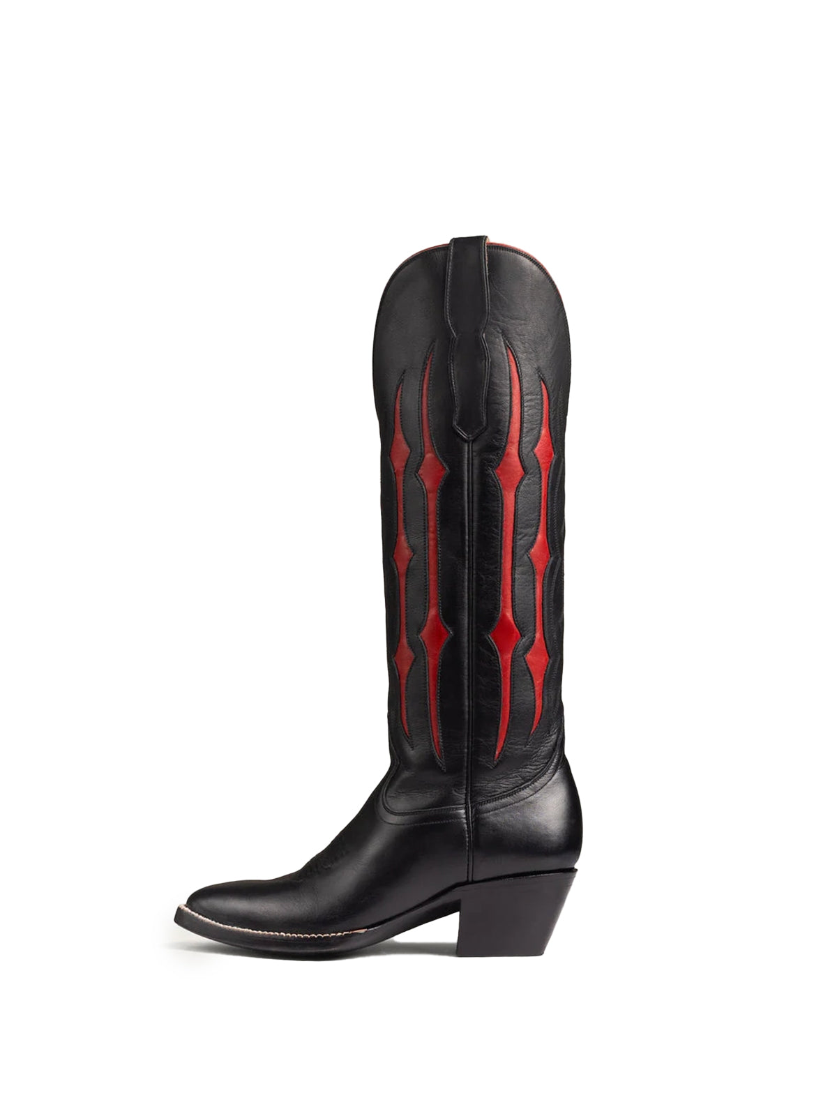 Black Contrast Red Inlay Stitch Almond-Toe Wide Knee High Western Cowgirl Boots