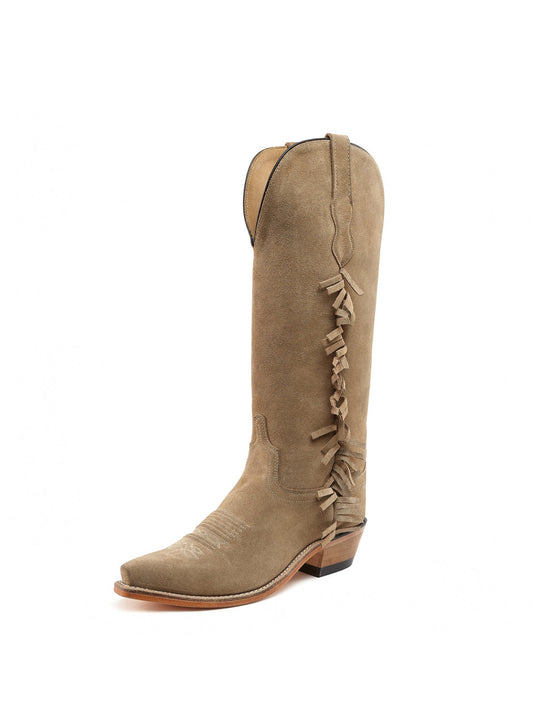 Tan Faux Suede Snip-Toe Fringe Western Knee High Cowgirl Boots