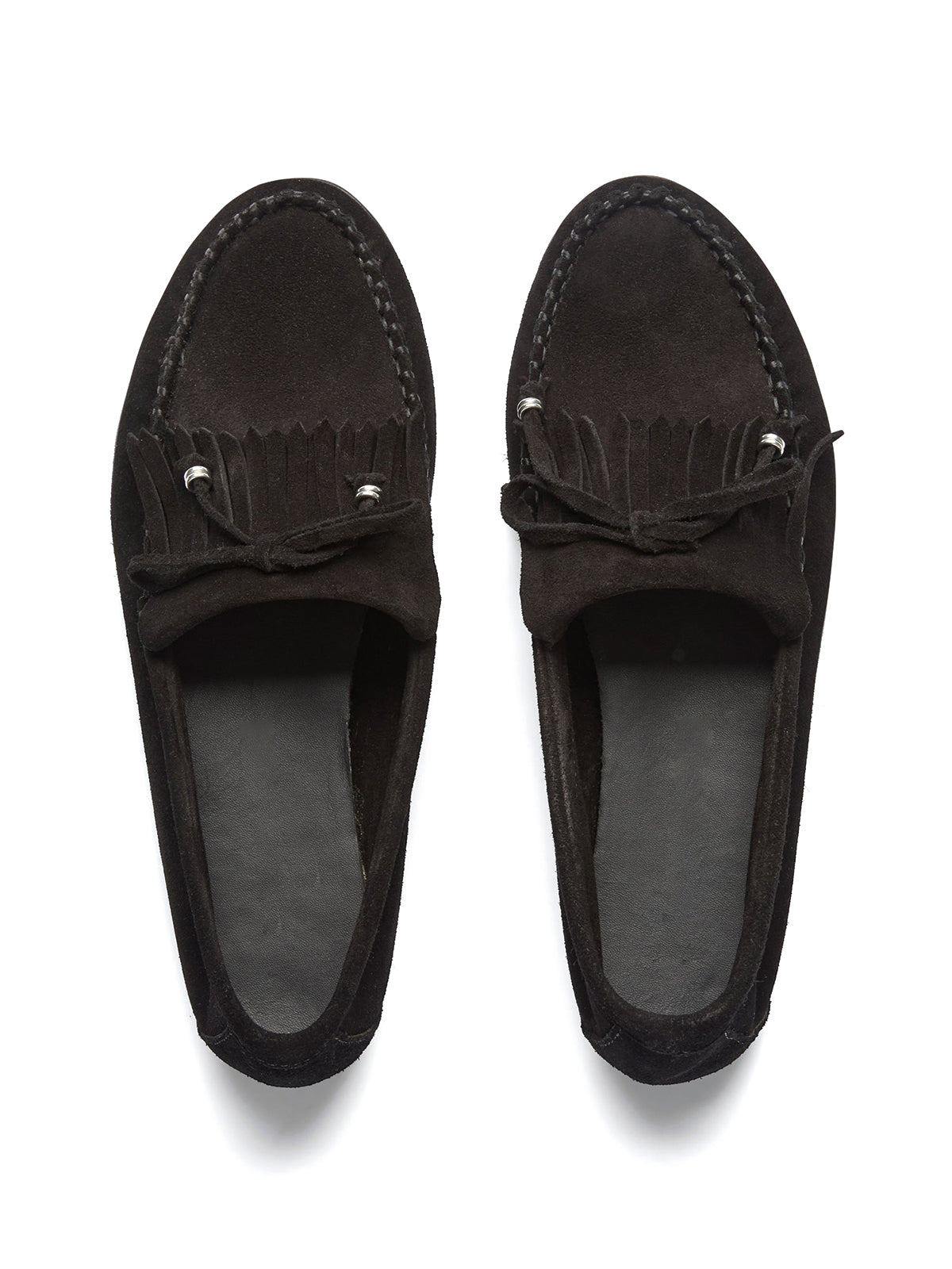 Black Cow Suede Round-Toe Front Fringe And Bow Loafers Flats