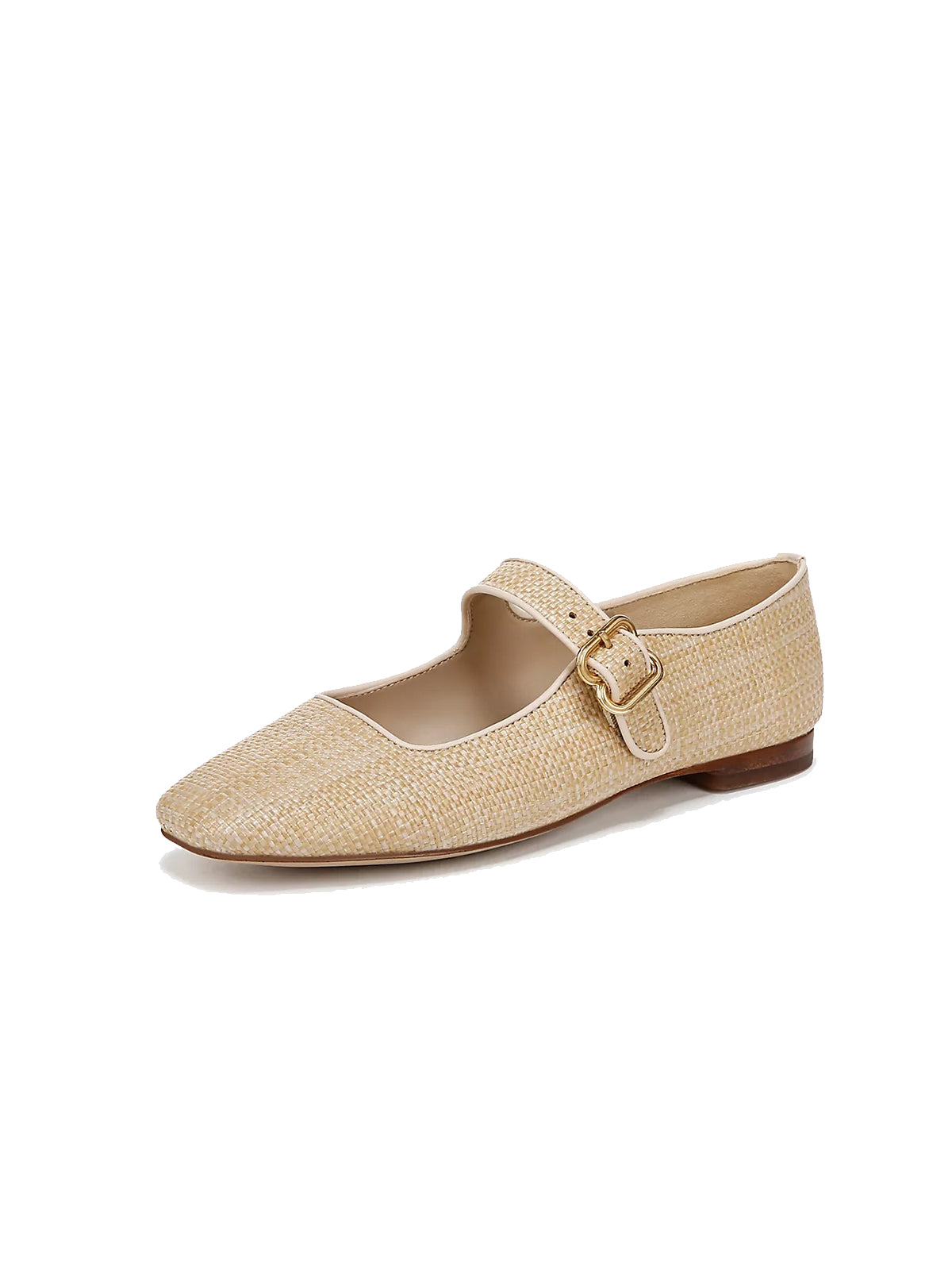 Beige Square-Toe Woven Bridge Strap Mary Jane Flats
