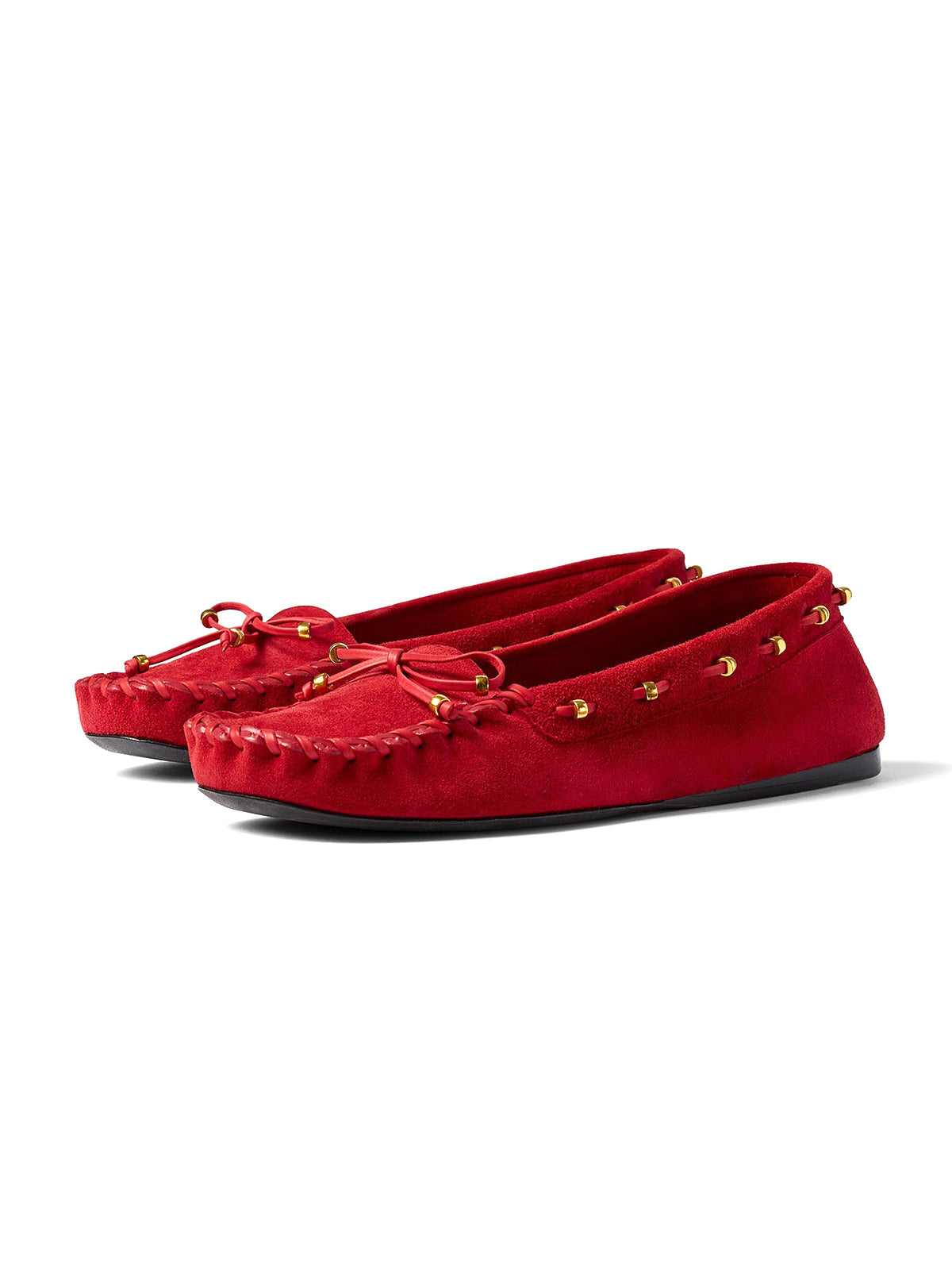 Red Cow Suede Square-Toe Running Stitch And Front Bow Flats