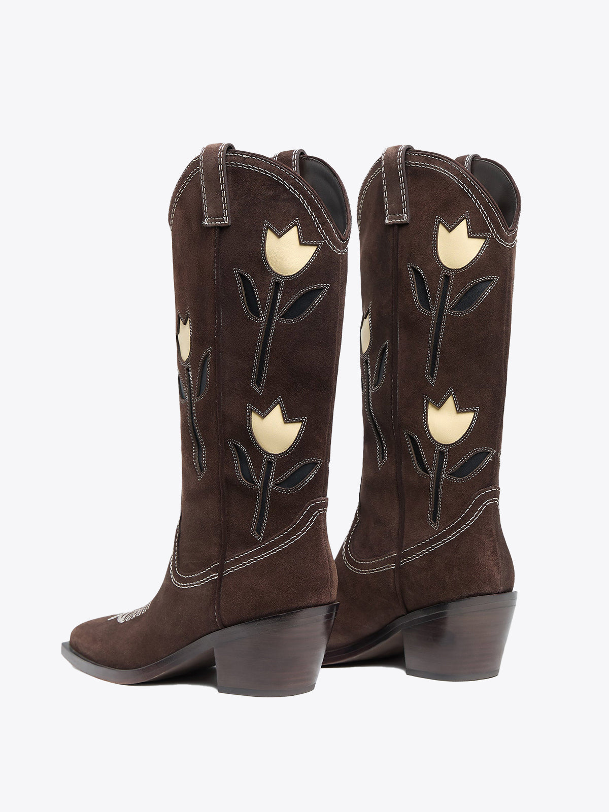 Brown Faux Suede Square-Toe Tulip Inaly Mid Calf Cowgirl Boots