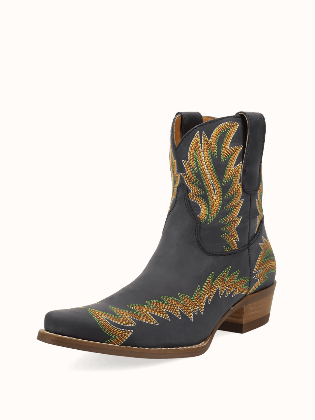 Black Snip-Toe Chic Flame Embroidery Sleek Ankle Cowgirl Boots