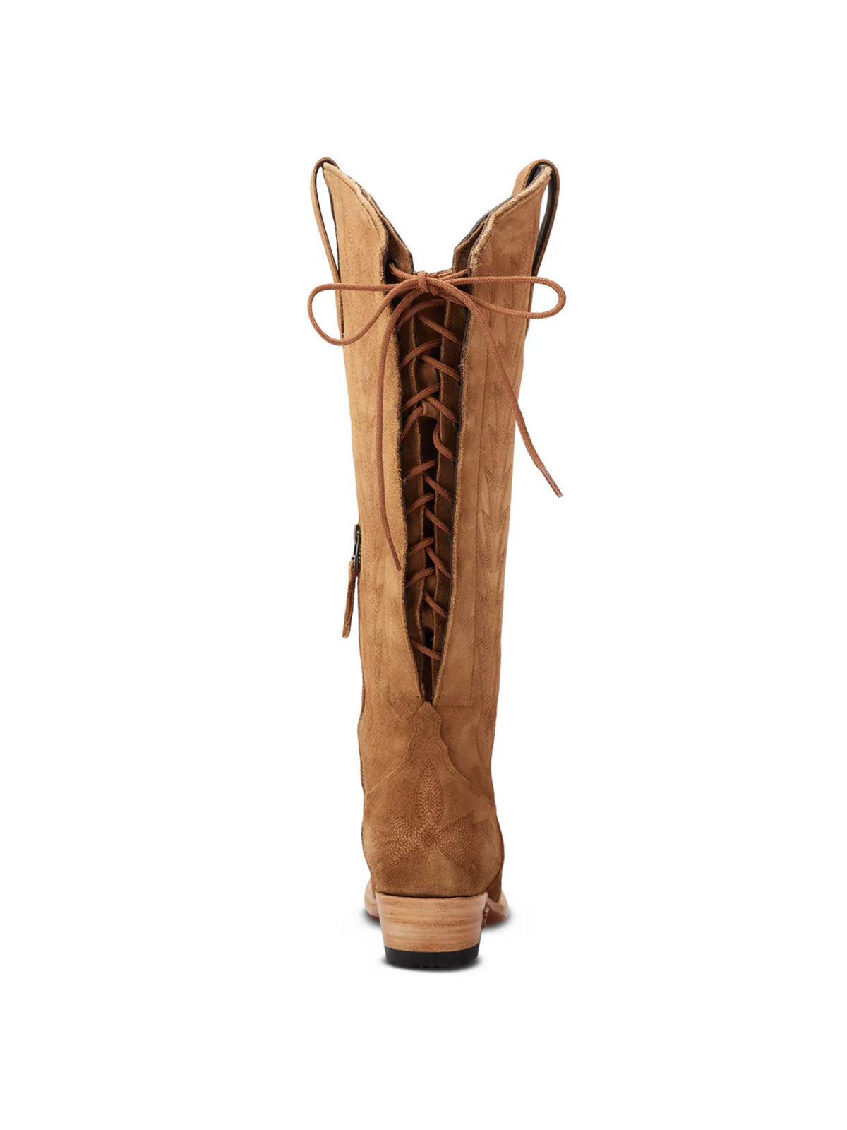 Snip-Toe Embroidery Half-Zip Back Lace-Up Knee High Cowgirl Boots - Toffee Faux Suede