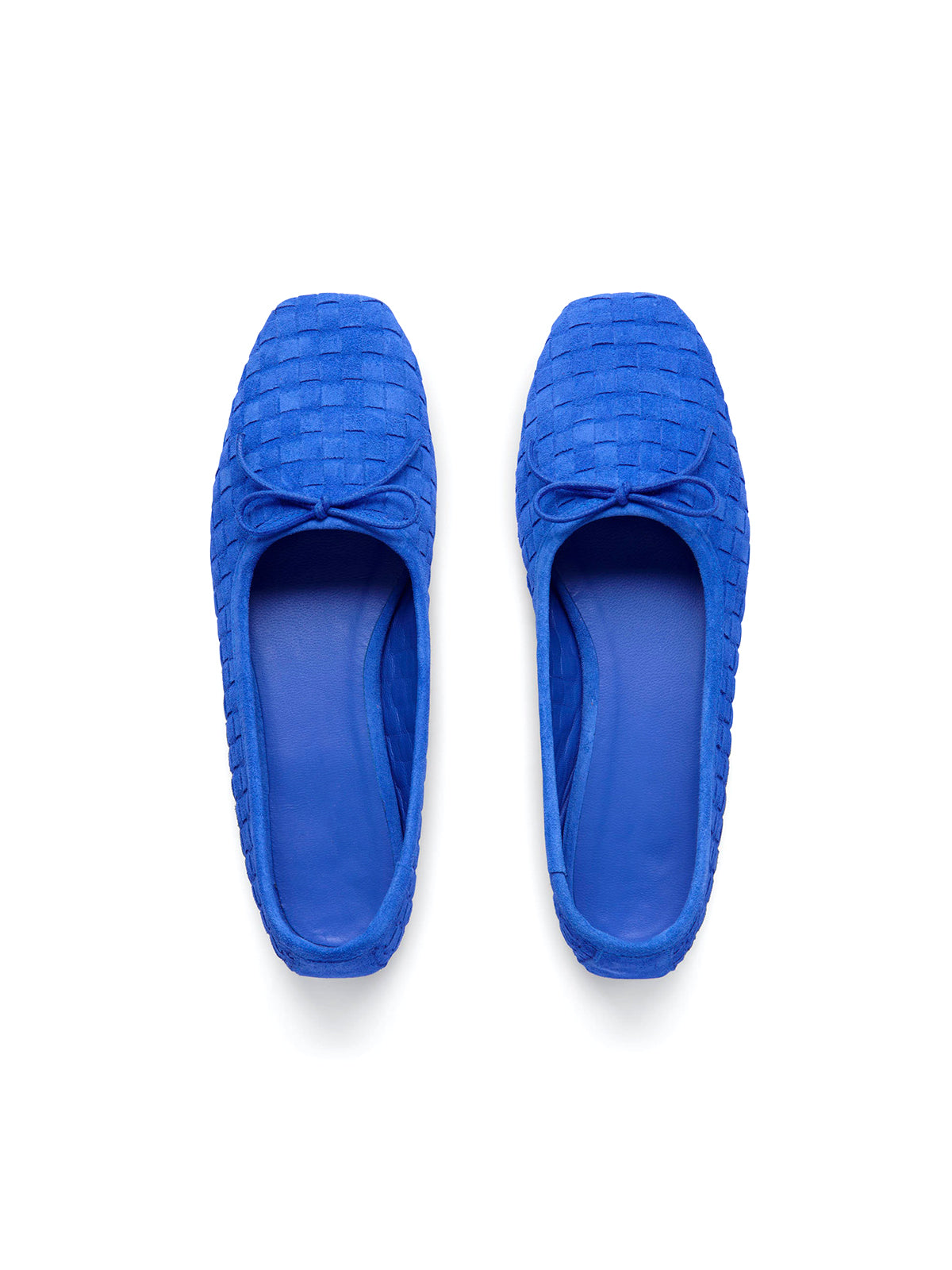 Dark Blue Faux Suede Woven Square-Toe Front Bow Ballet Flats