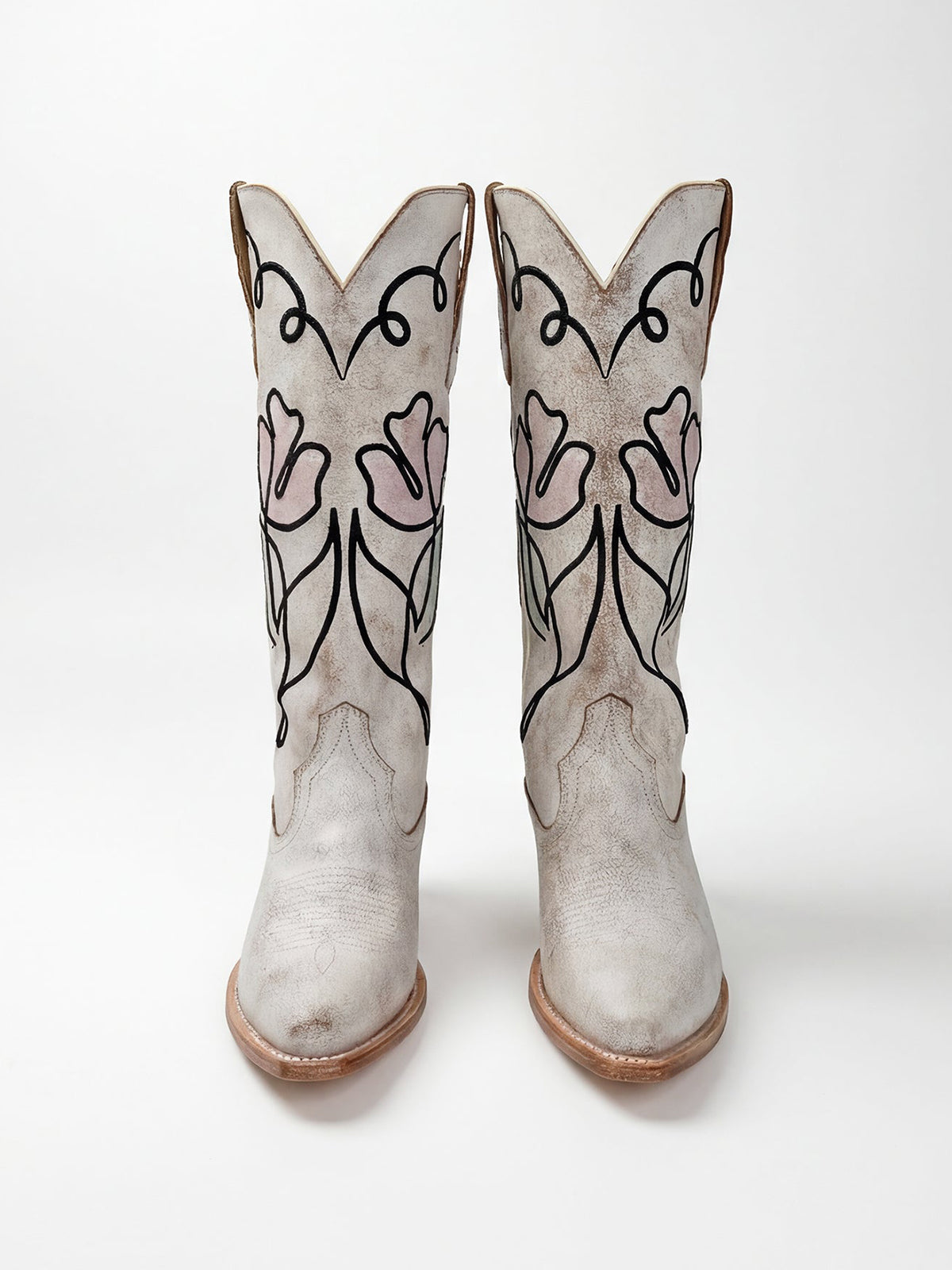 Distressed White Snip-Toe Stylish Embroidery Wide Calf Knee High Cowgirl Boots