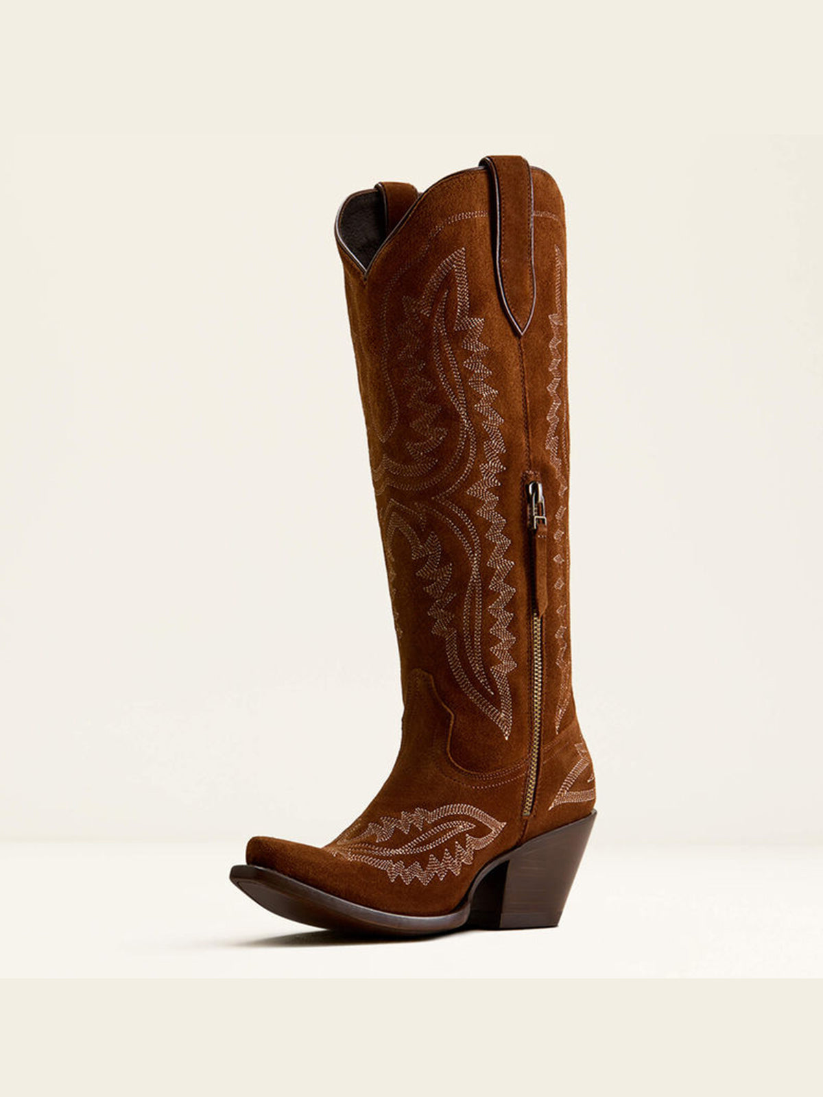 Western Embroidery Tall Snip-Toe Half-Zip Knee High Cowgirl Boots - Dark Tan Faux Suede