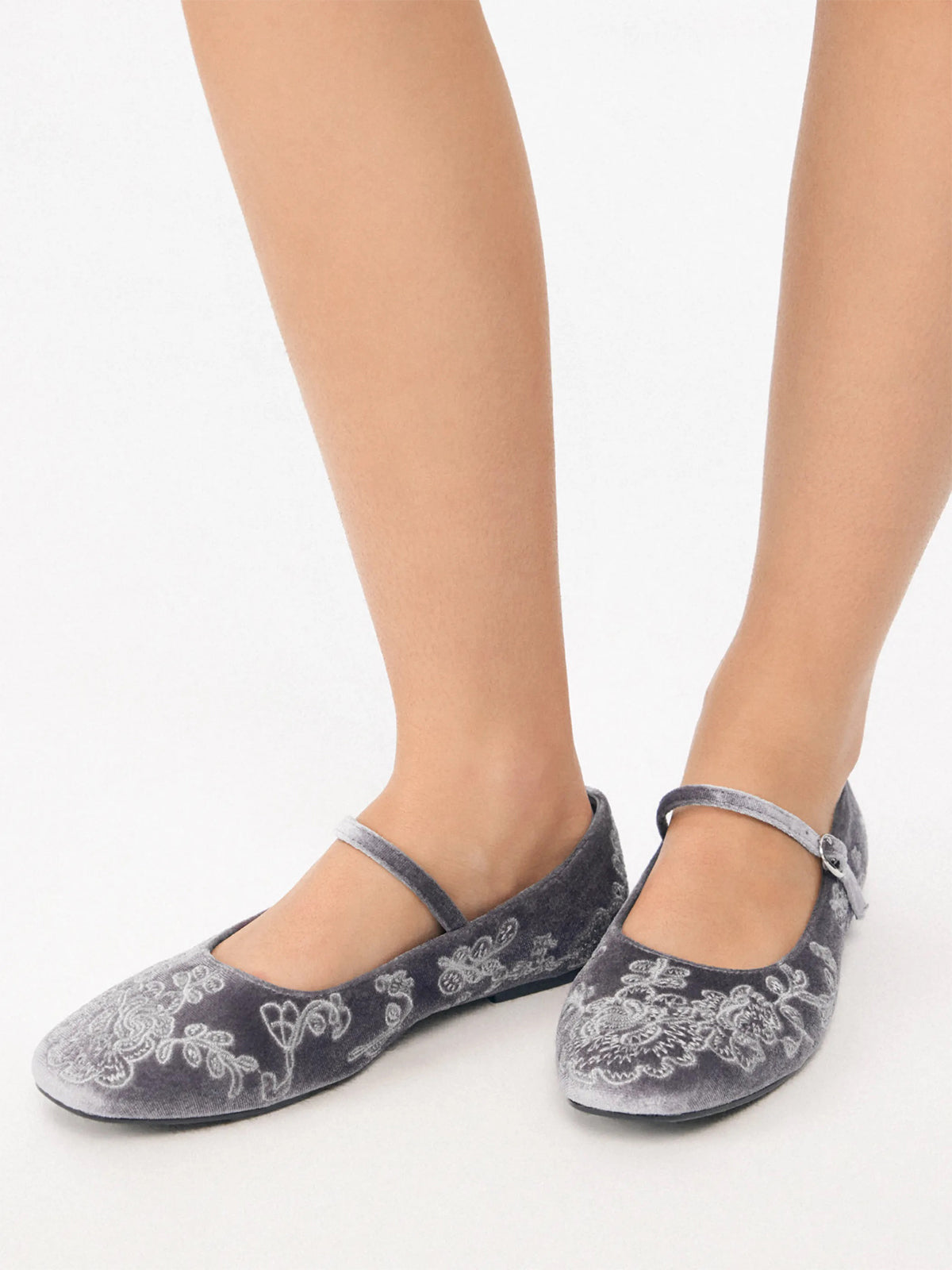 Gray Velvet Square-Toe Leaves Embroidery Chic Mary Jane Ballet Flats