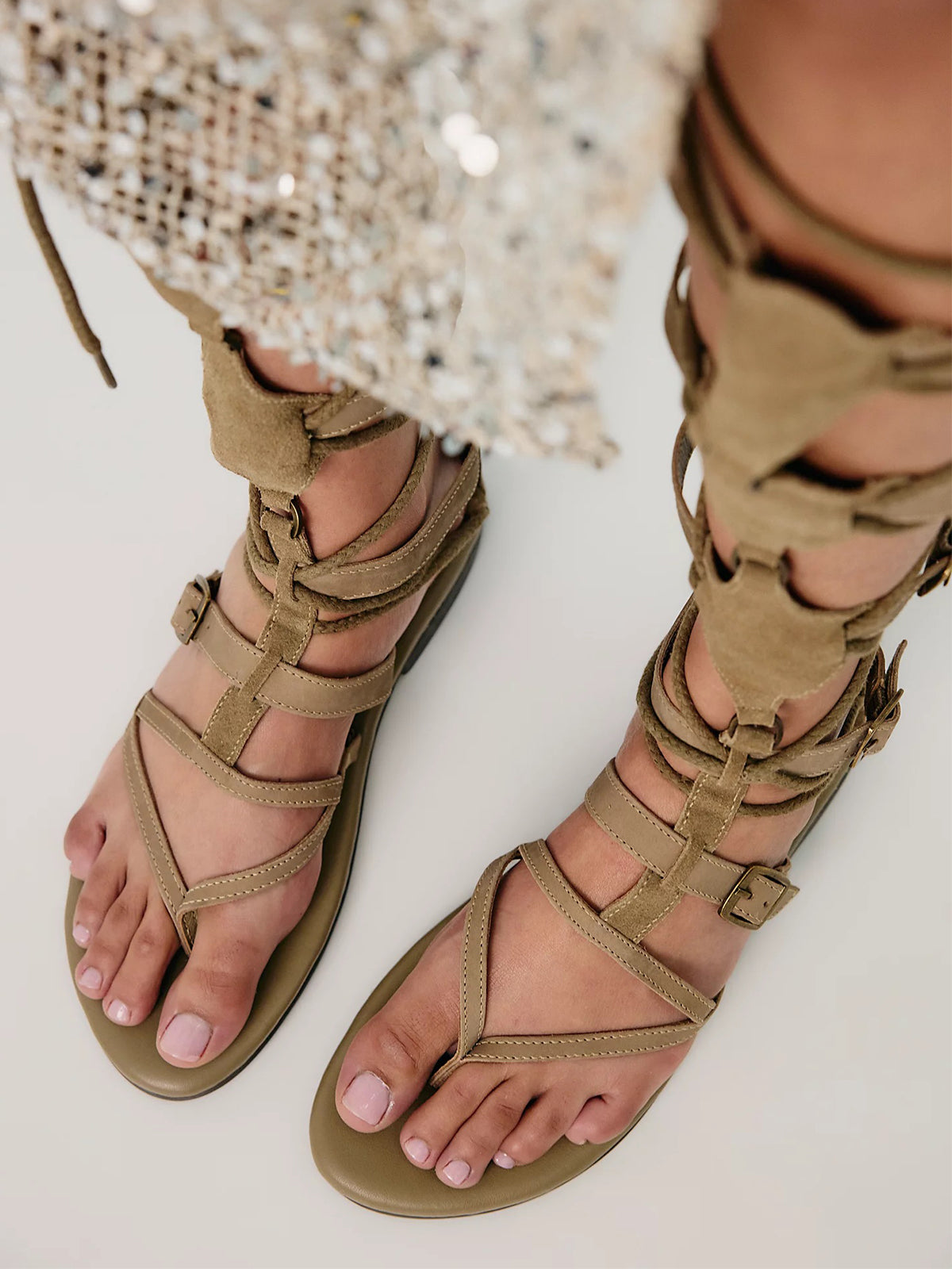 Taupe Square-Toe Back Full-Zip Strappy Tall Gladiator Sandals